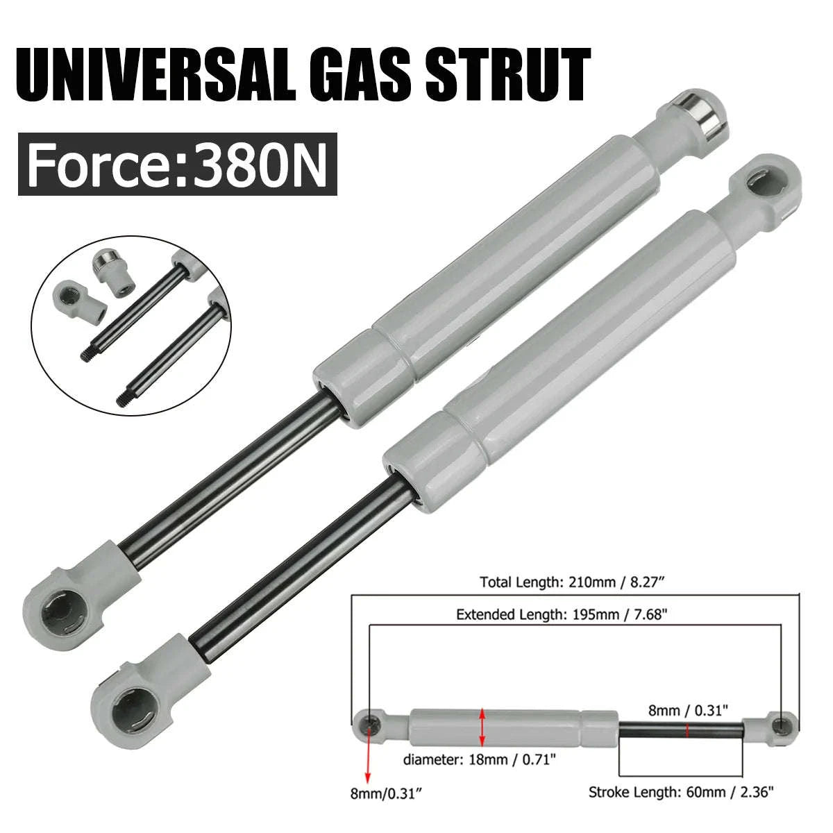 2-Piece Universal Gas Strut 195mm 250N/380N 8mm Rod-250N