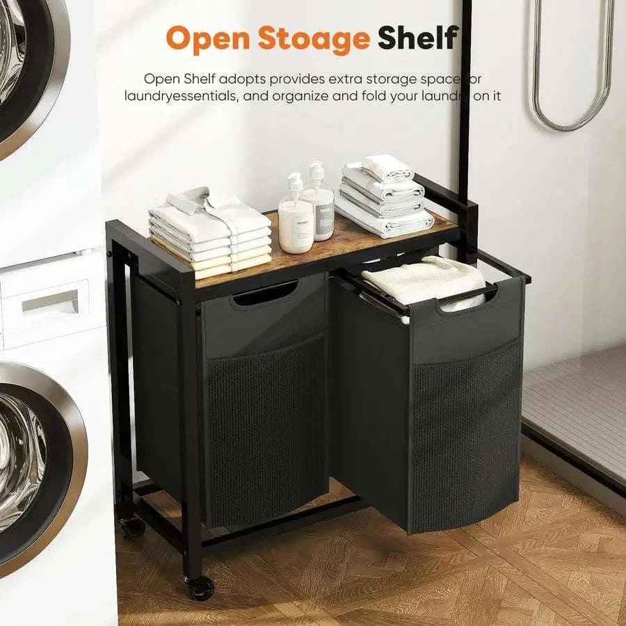 2-Section Laundry Hamper with Removable Bags and Rolling Shelf-Bronze / United States