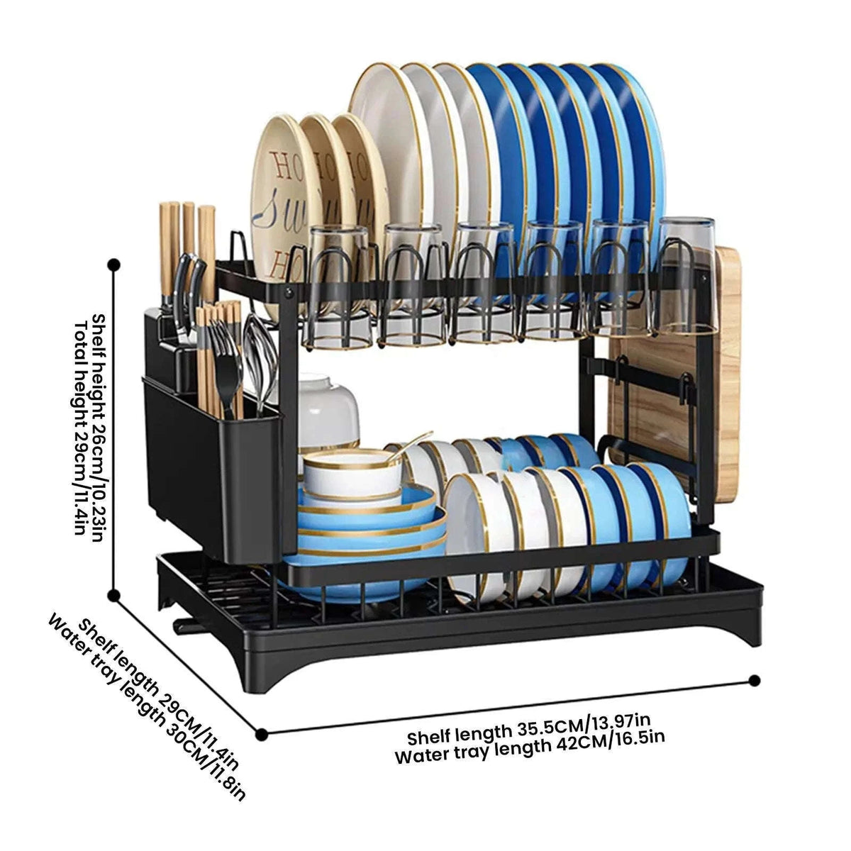 2 Tier Dish Drying Rack with Drain Spout & Cutlery Holder-Type A / france
