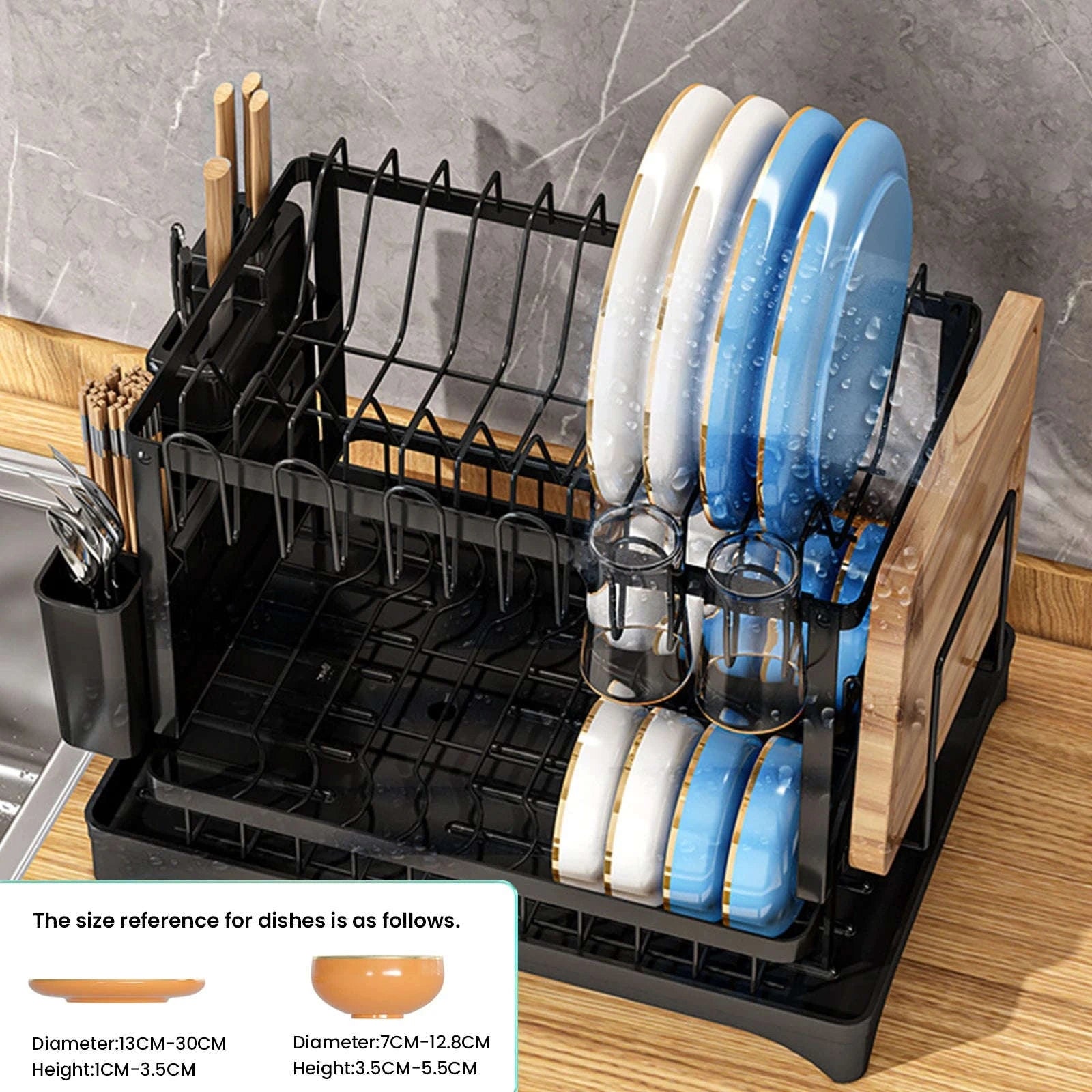 2 Tier Dish Drying Rack with Drain Spout & Cutlery Holder-Type A / france