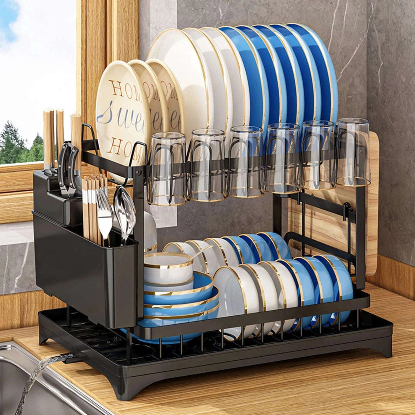 2-Tier Dish Drying Rack with Drainboard and Cutlery Holder-Type C / france / 2-tier