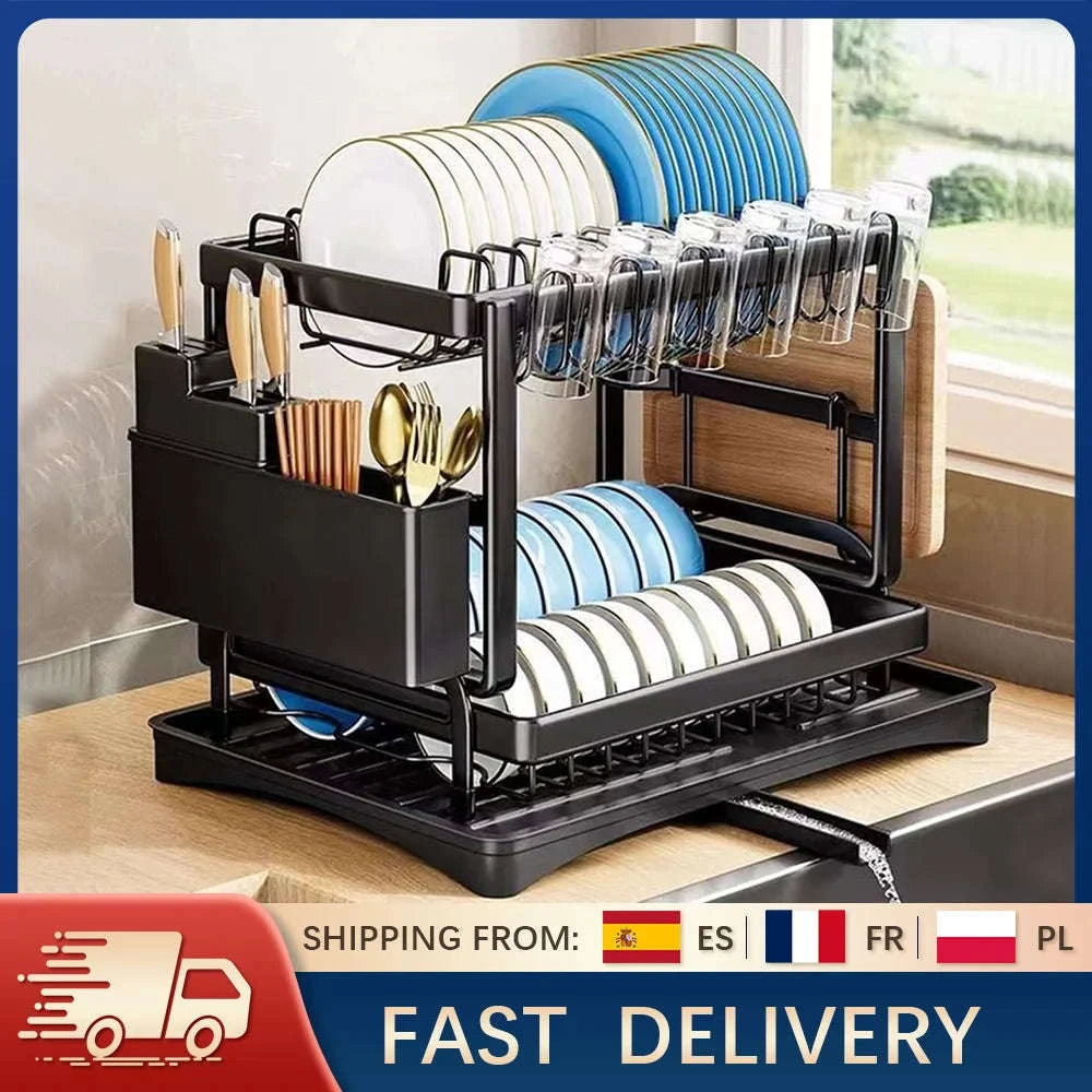 2-Tier Dish Drying Rack with Drainboard Space-Saving Organizer-black / france / 2-tier