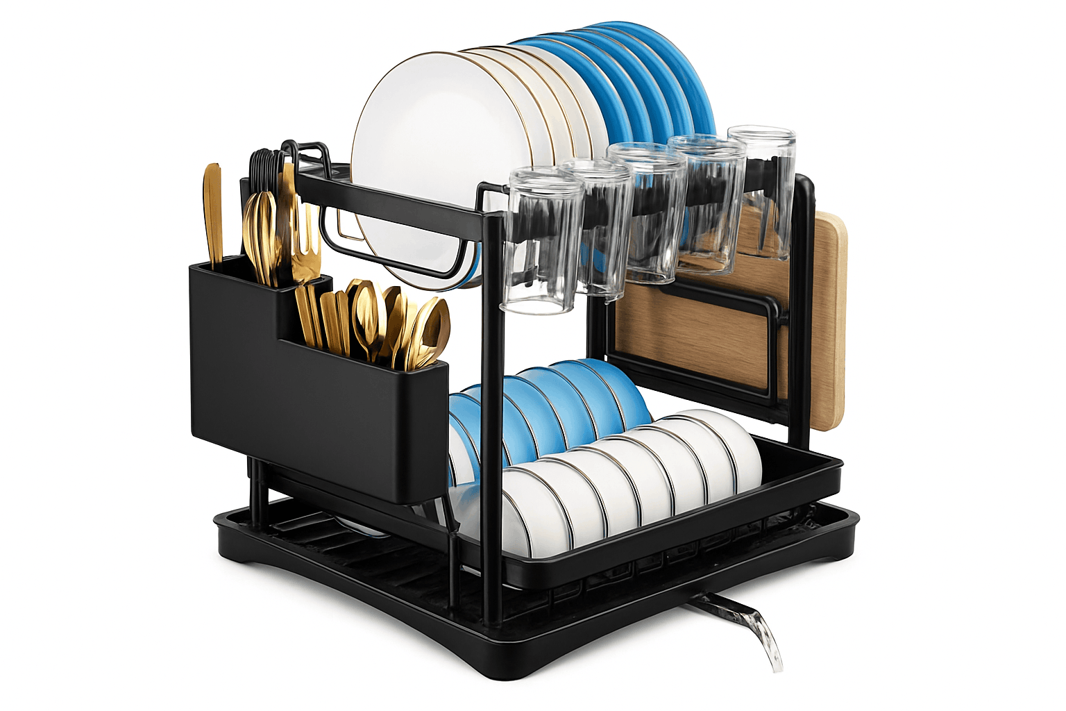 2-Tier Dish Drying Rack with Drainboard Space-Saving Organizer-black / france / 2-tier