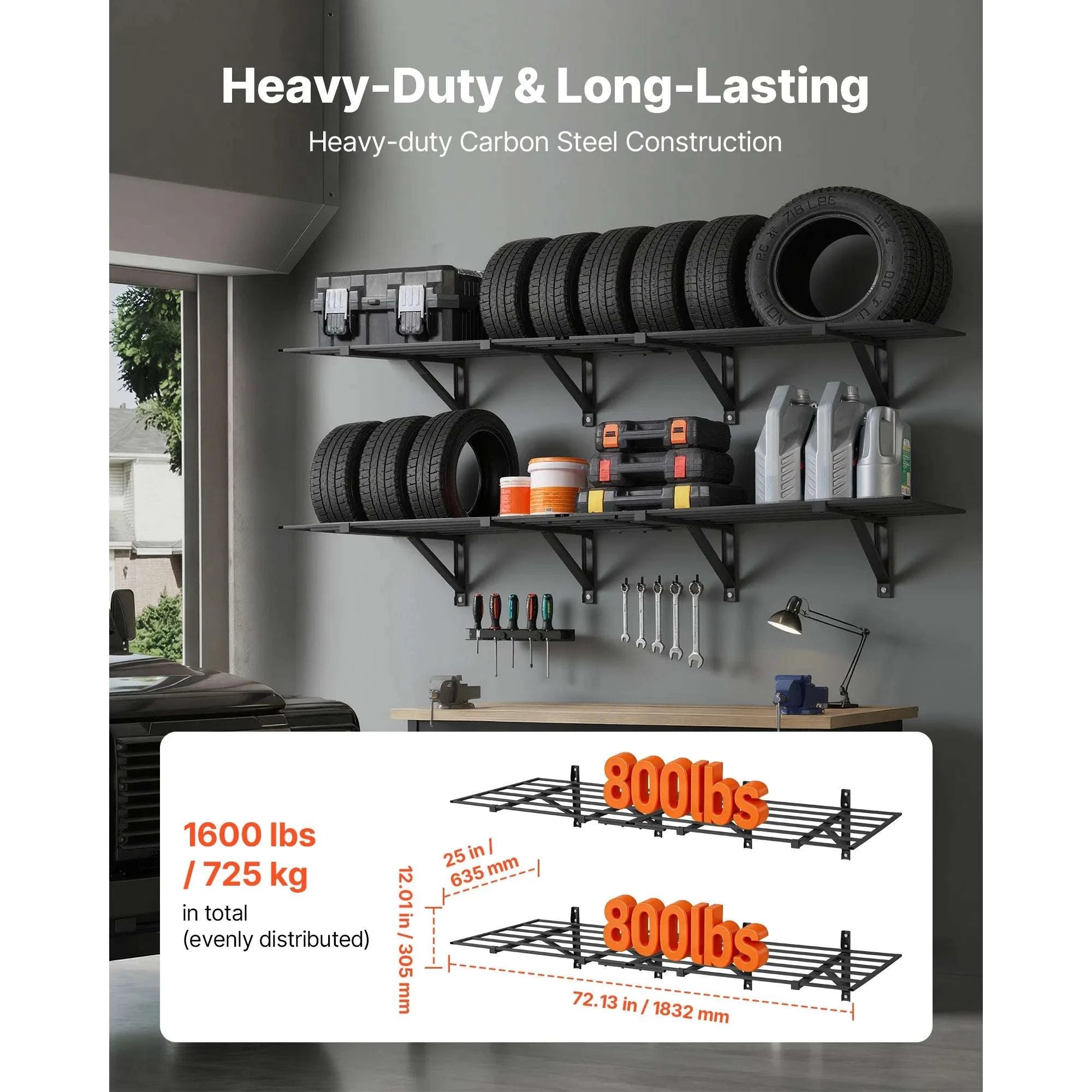 2-Tier Garage Wall Shelving 24x72in Steel Rack 800 lbs Capacity-24x72inch / United States