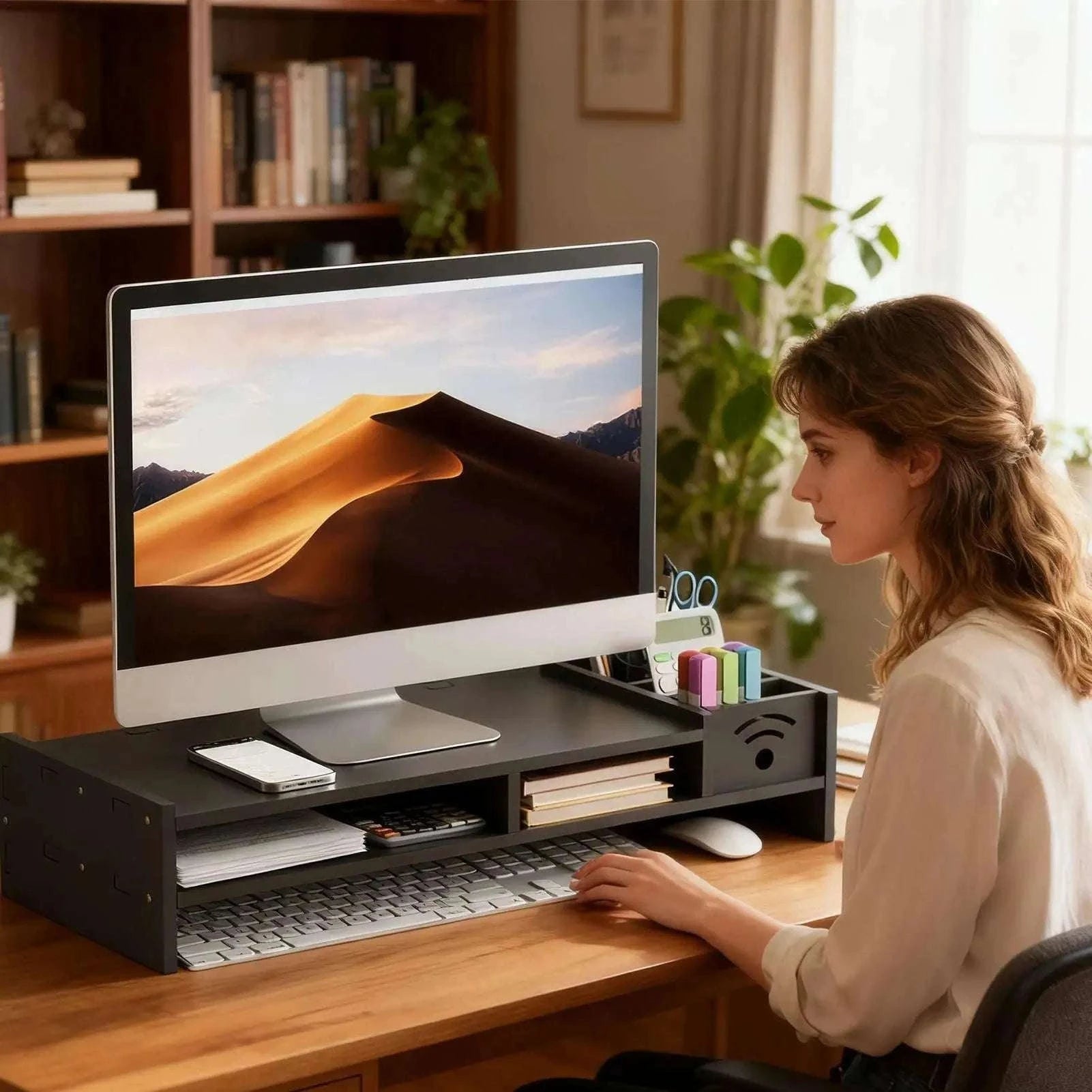 2 Tier Monitor Stand Riser with Storage Shelf 11cm Ergonomic Lift-Black