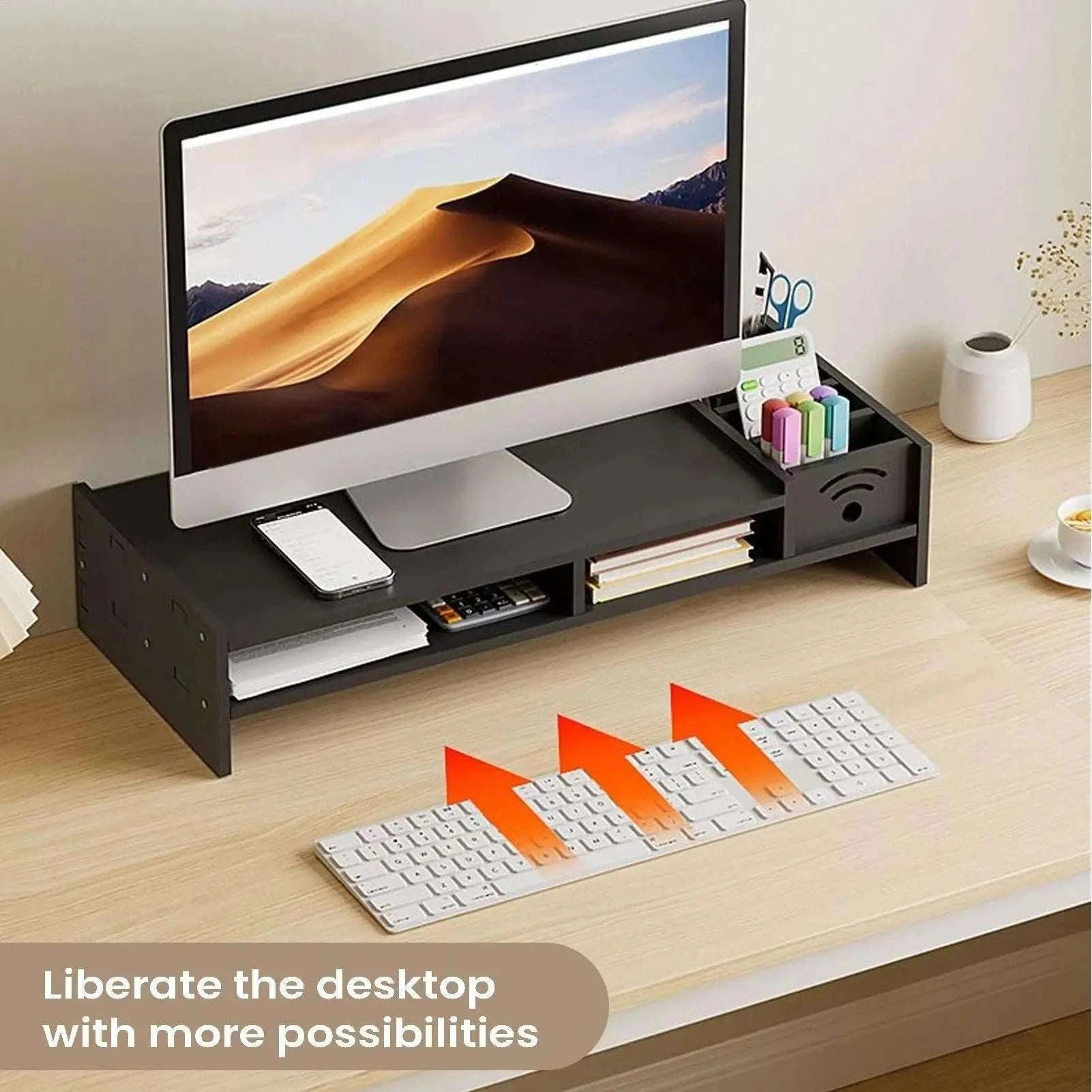 2 Tier Monitor Stand Riser with Storage Shelf 11cm Ergonomic Lift-Black