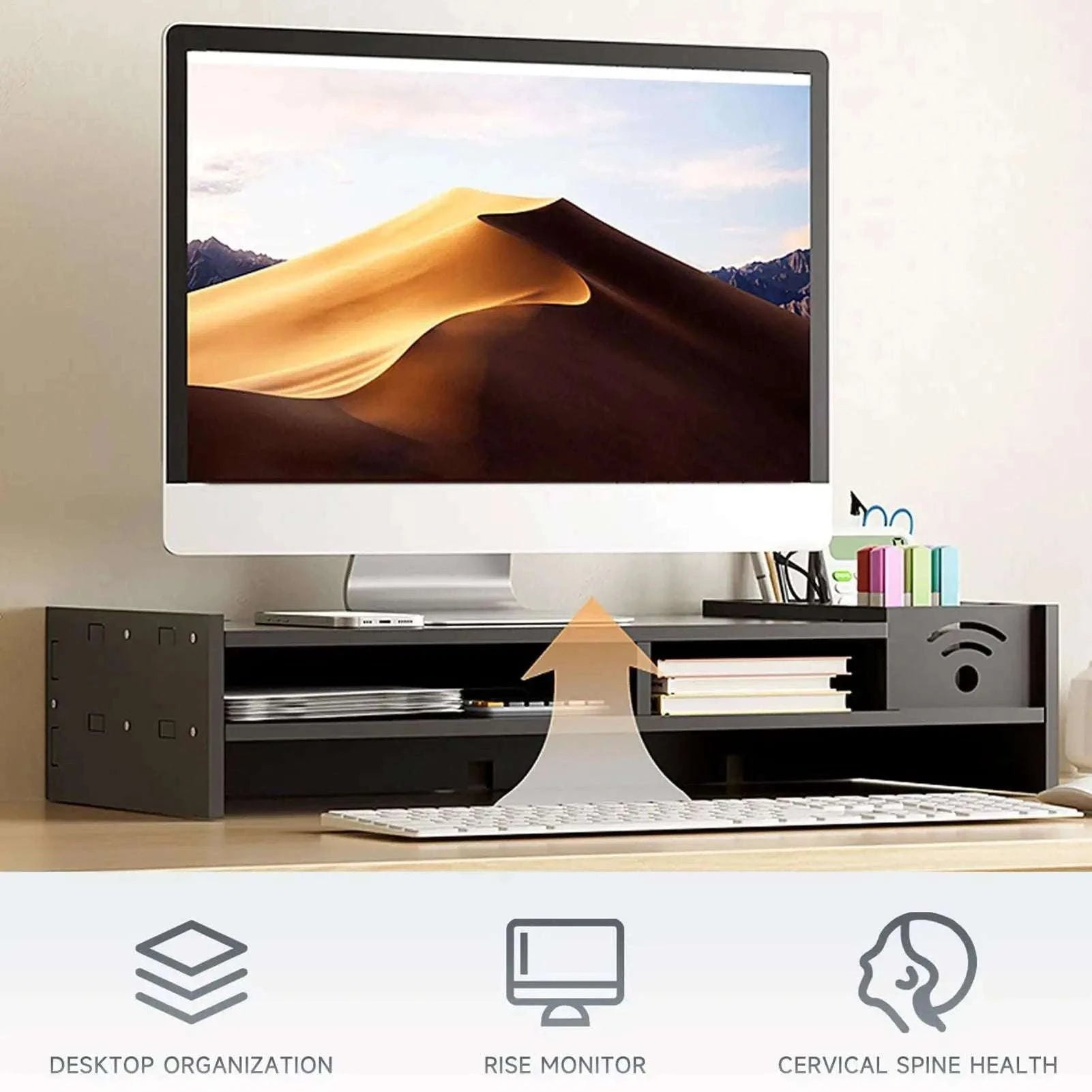 2 Tier Monitor Stand Riser with Storage Shelf 11cm Ergonomic Lift-Black