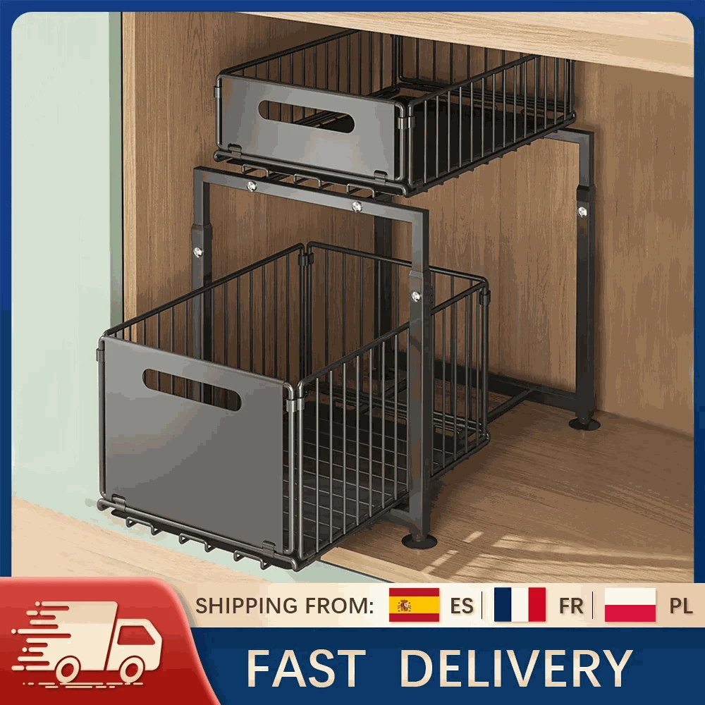 2-Tier Pull-Out Cabinet Organizer Adjustable Under Sink Storage Rack-black / france / 2-tier