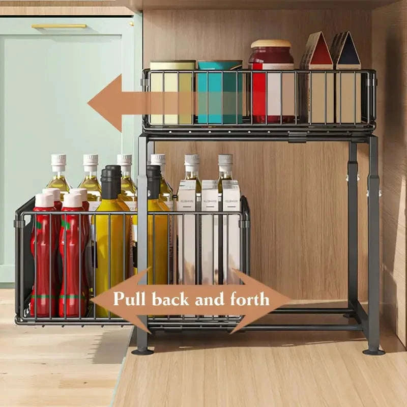 2-Tier Pull-Out Cabinet Organizer Adjustable Under Sink Storage Rack-black / france / 2-tier