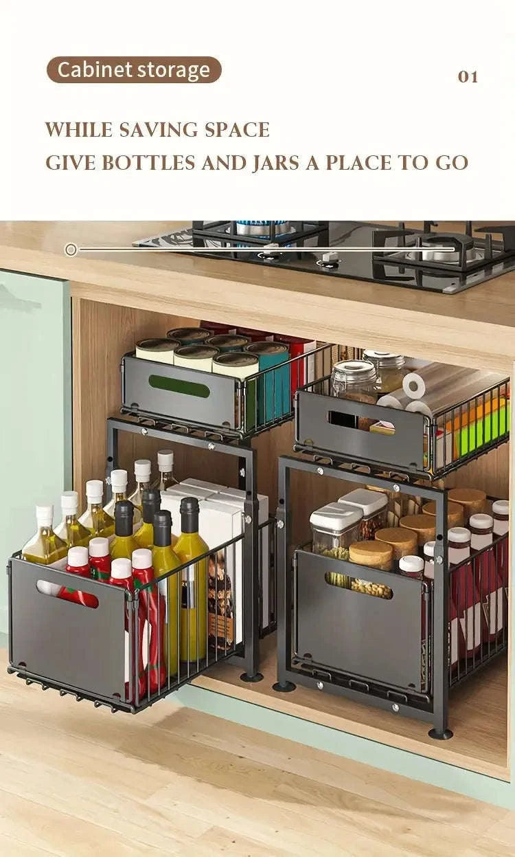 2-Tier Pull-Out Cabinet Organizer Adjustable Under Sink Storage Rack-black / france / 2-tier