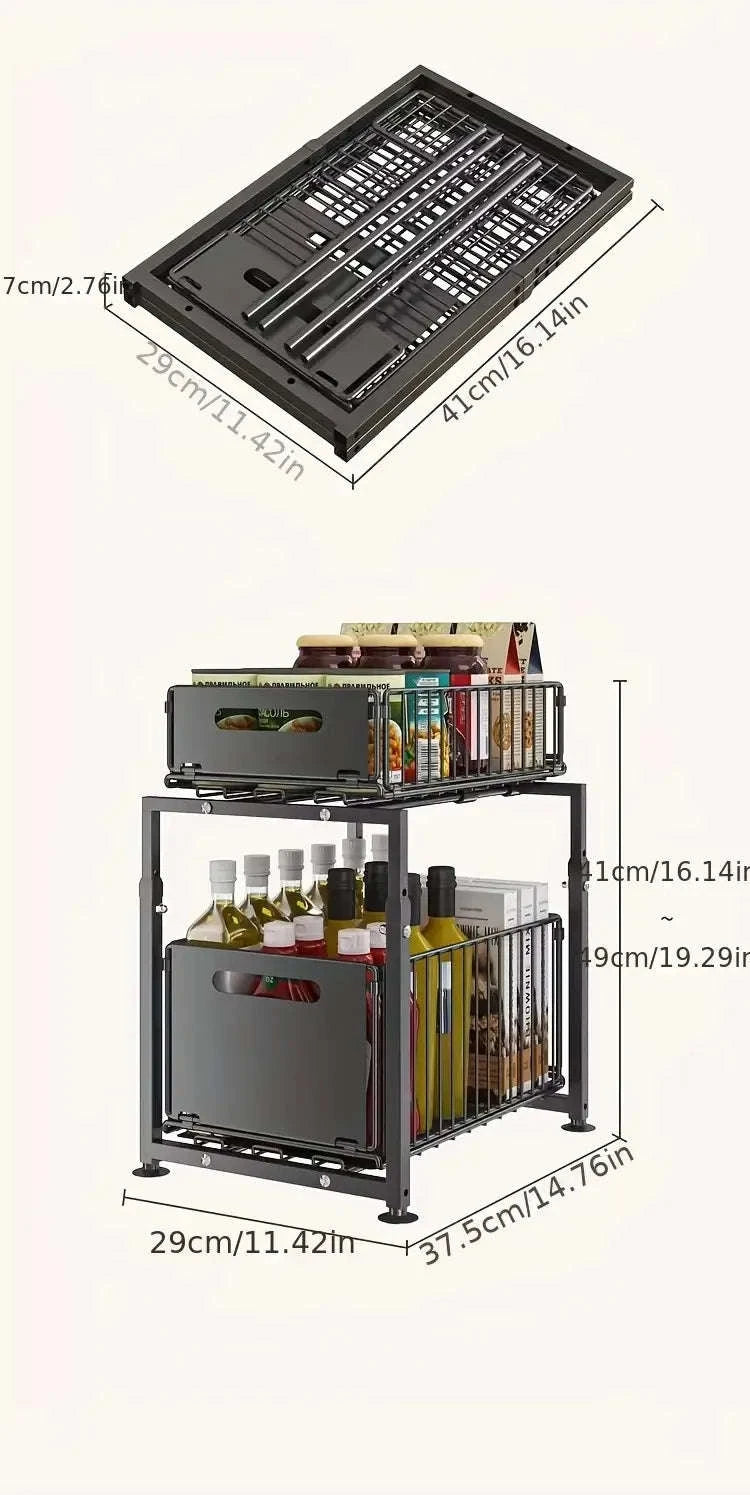 2-Tier Pull-Out Cabinet Organizer Adjustable Under Sink Storage Rack-black / france / 2-tier