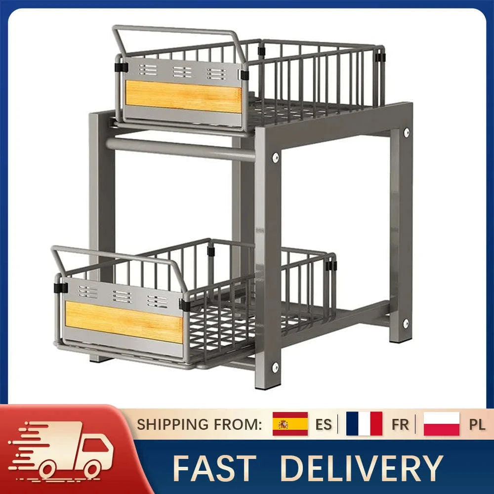 2-Tier Pull-Out Under Sink Storage Rack with Silent Sliding Drawers-2pcs / france