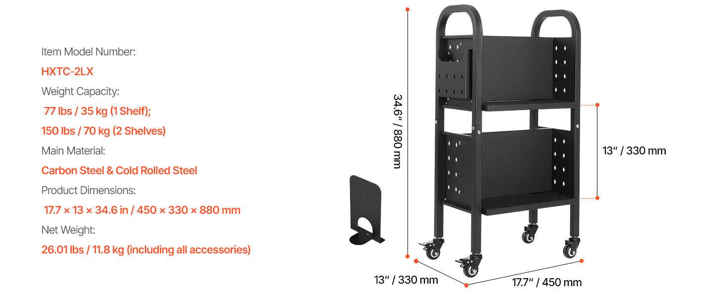 2-Tier Rolling Book Cart with Lockable Wheels, 150 lb Capacity-100lbs / GERMANY
