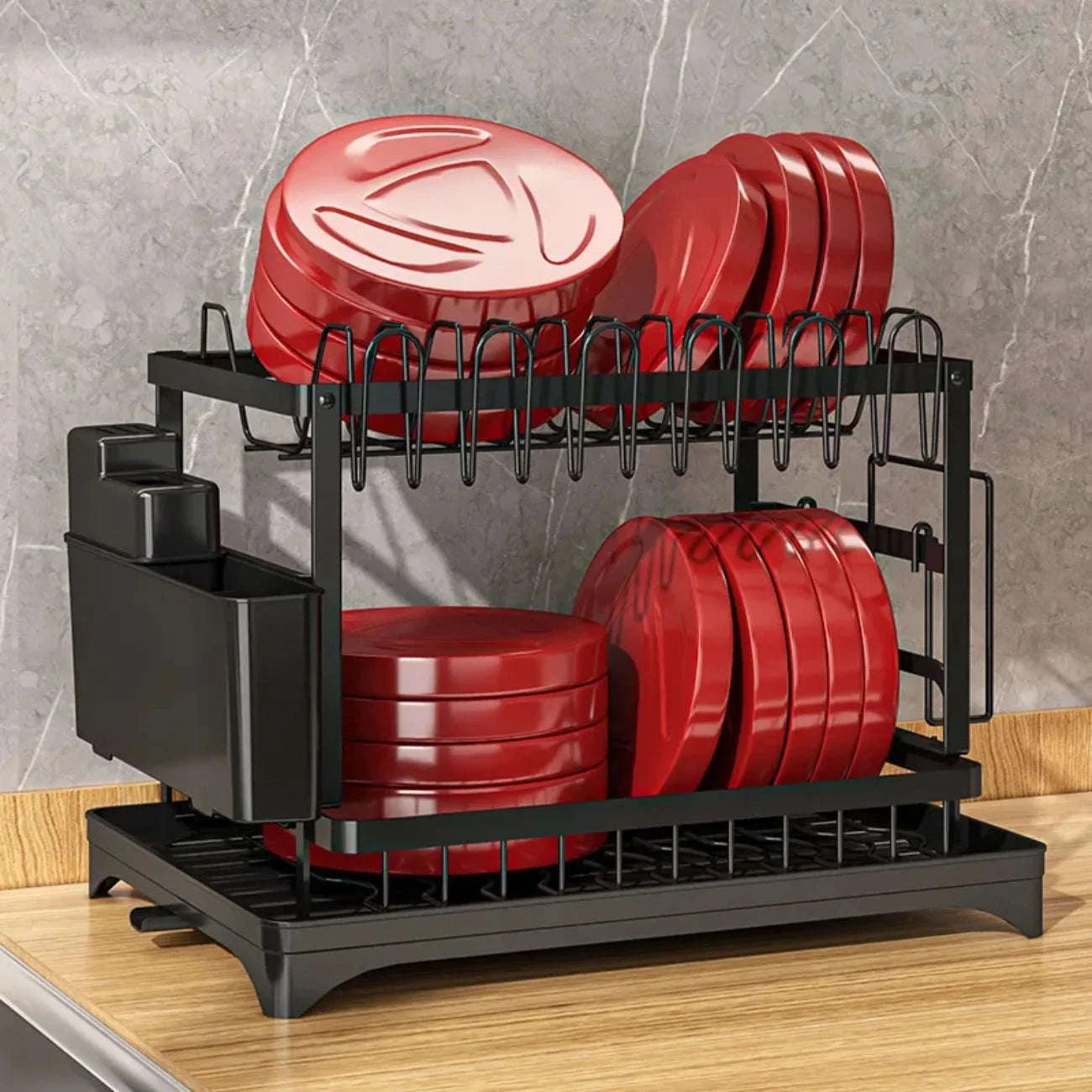 2-Tier Rotating Dish Drying Rack with Utensil Holder-black / L / United States|2-tier