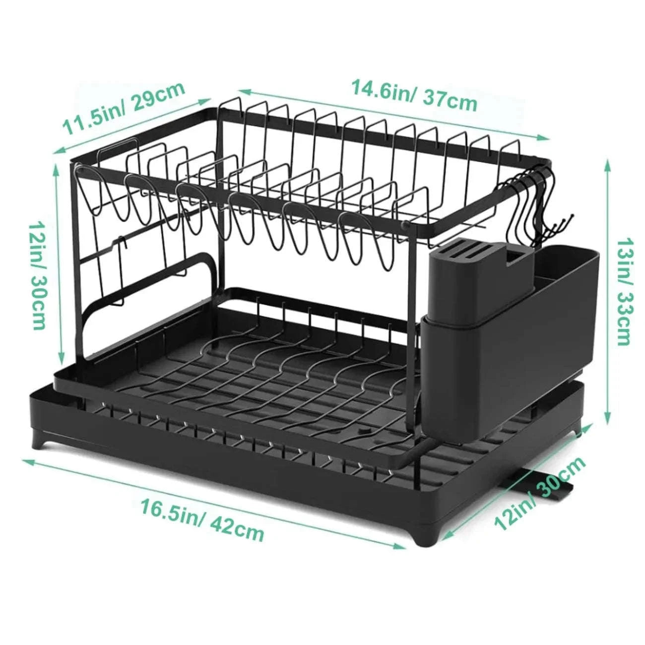 2-Tier Rotating Dish Drying Rack with Utensil Holder-black / L / United States|2-tier