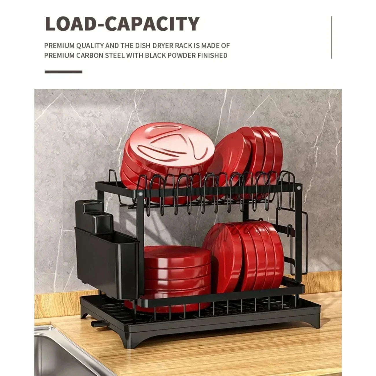 2-Tier Rotating Dish Drying Rack with Utensil Holder-black / L / United States|2-tier