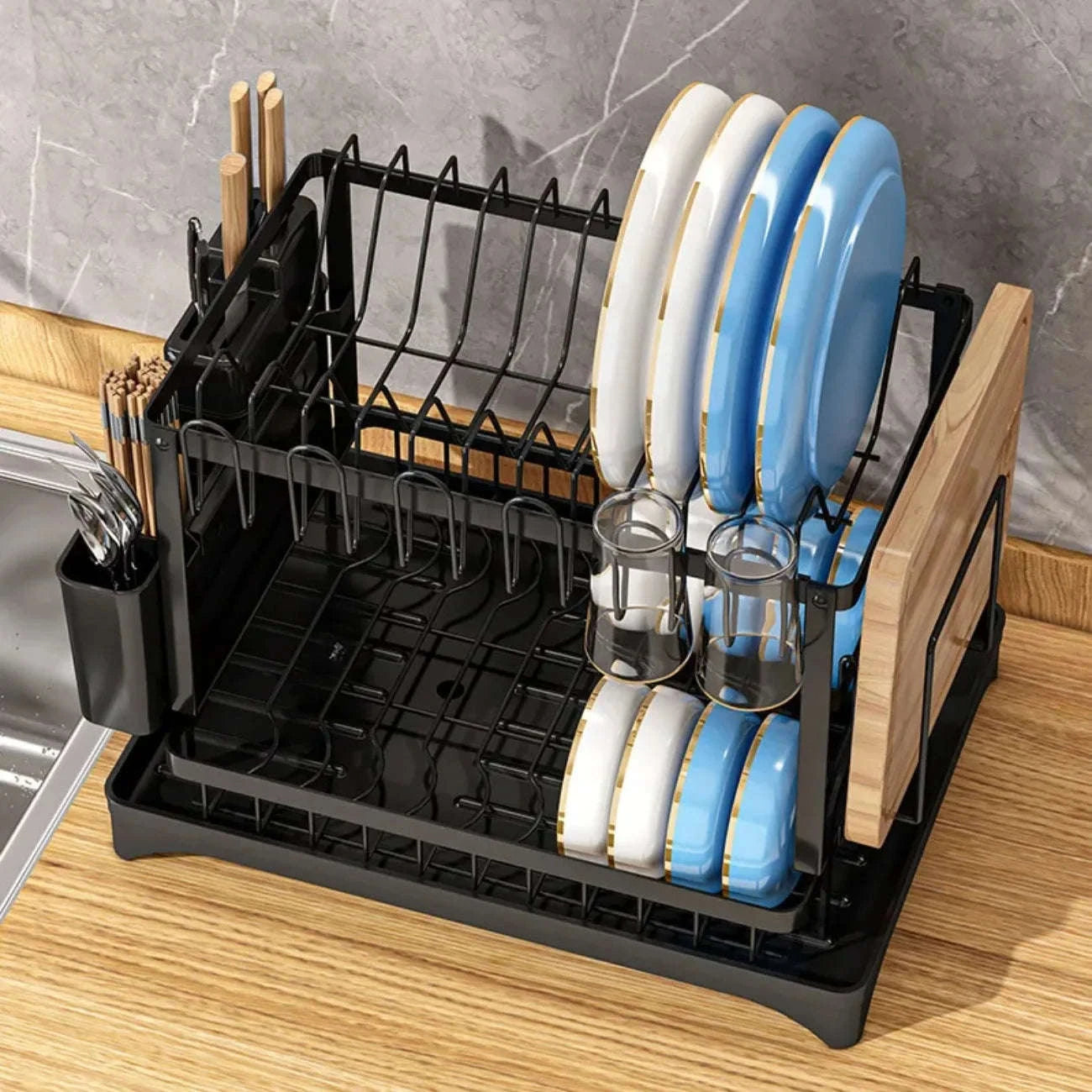 2-Tier Rotating Dish Drying Rack with Utensil Holder-black / L / United States|2-tier