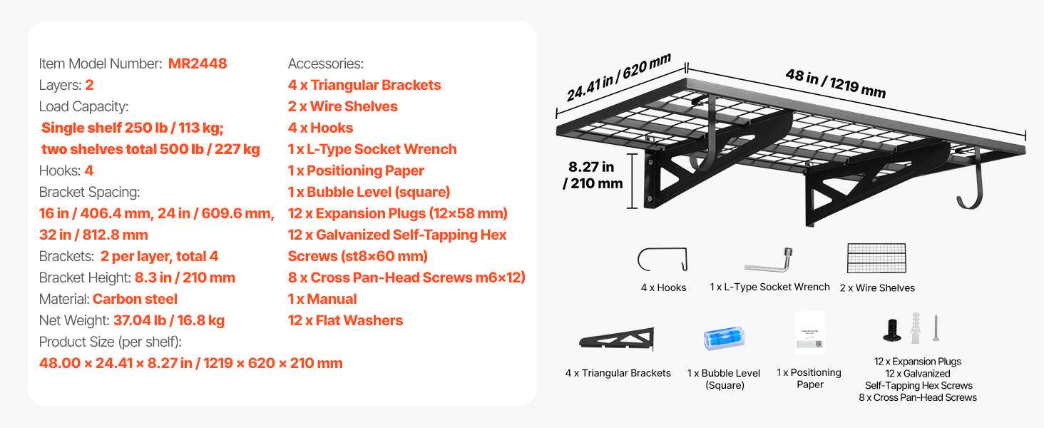 2-Tier Wall Mounted Garage Shelving 24x48in Steel Rack 500lbs-24x48inch / United States