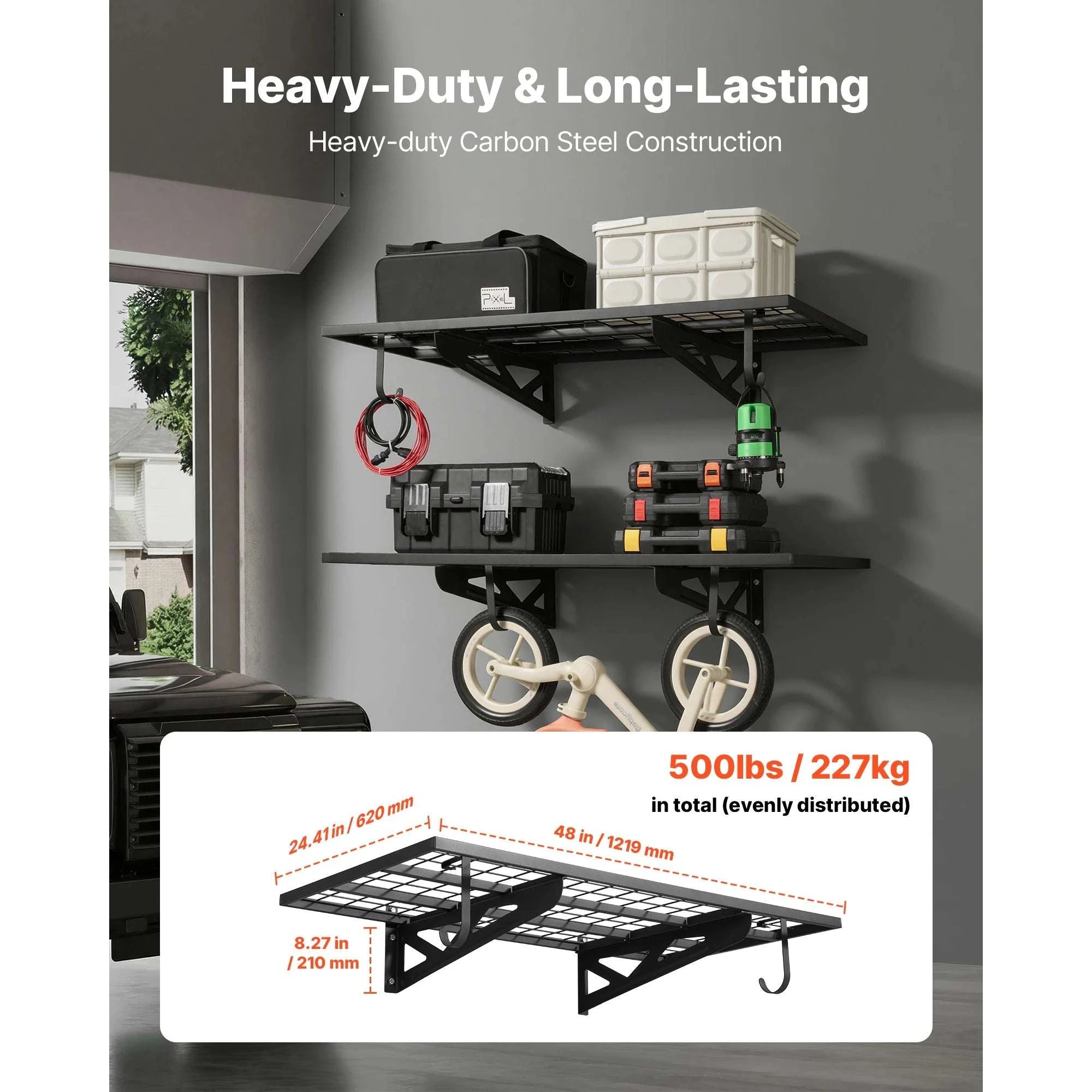 2-Tier Wall Mounted Garage Shelving 24x48in Steel Rack 500lbs-24x48inch / United States