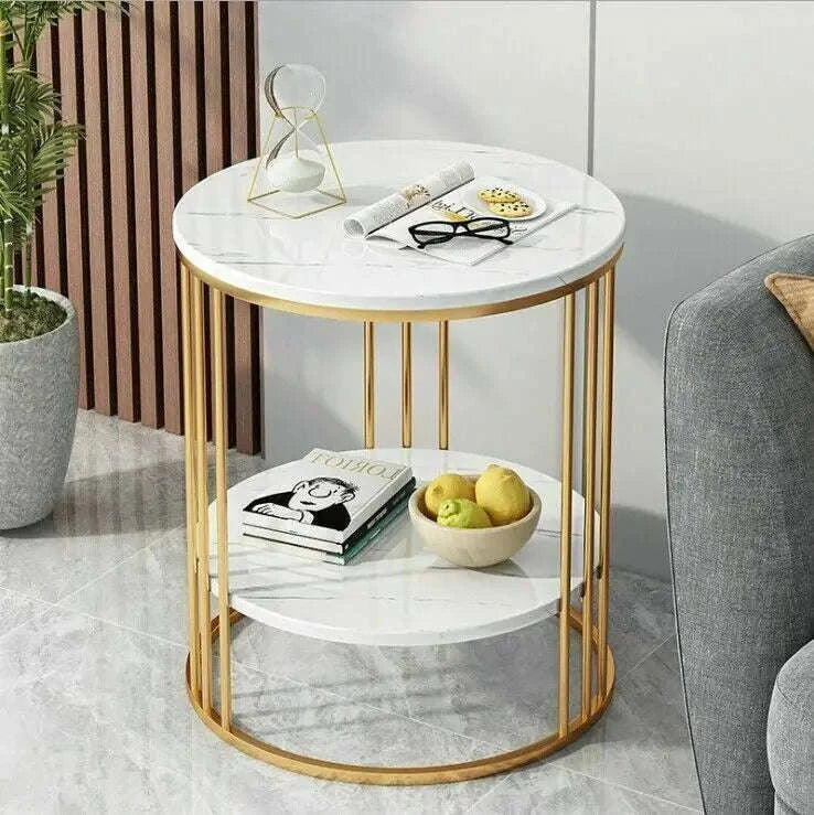 2‑Tier White Marble Side Table-Gold / United States