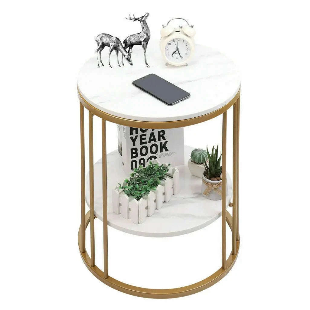 2‑Tier White Marble Side Table-Gold / United States