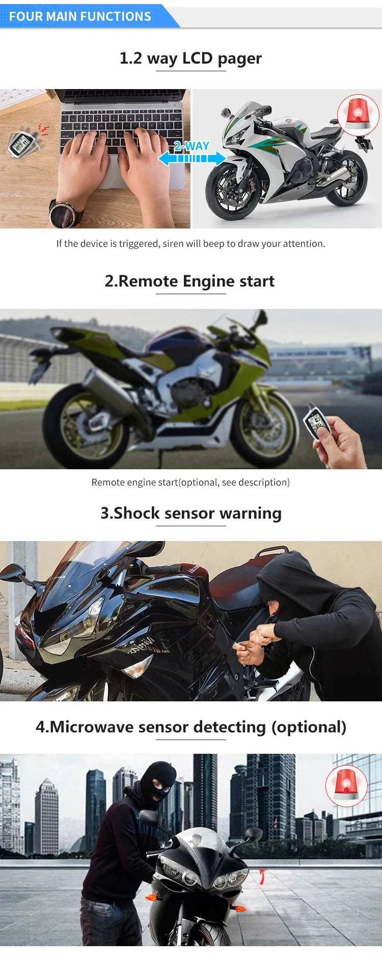 2-Way Motorcycle Alarm System with LCD Pager & Remote Start-Default Title