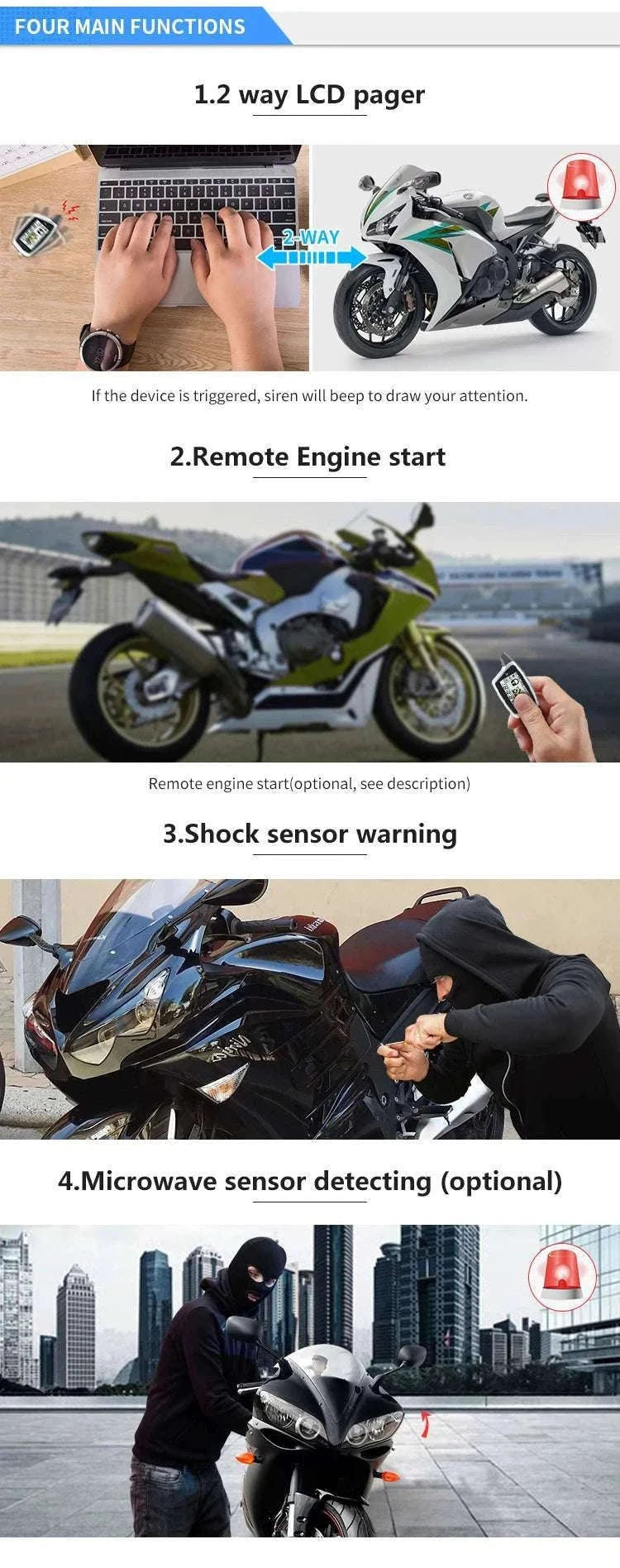 2-Way Motorcycle Alarm System with LCD Pager & Remote Start-Default Title