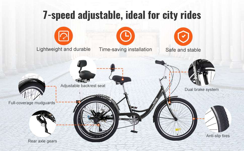 20" Adult Tricycle 7-Speed Cruiser Bike with Large Rear Basket-United States