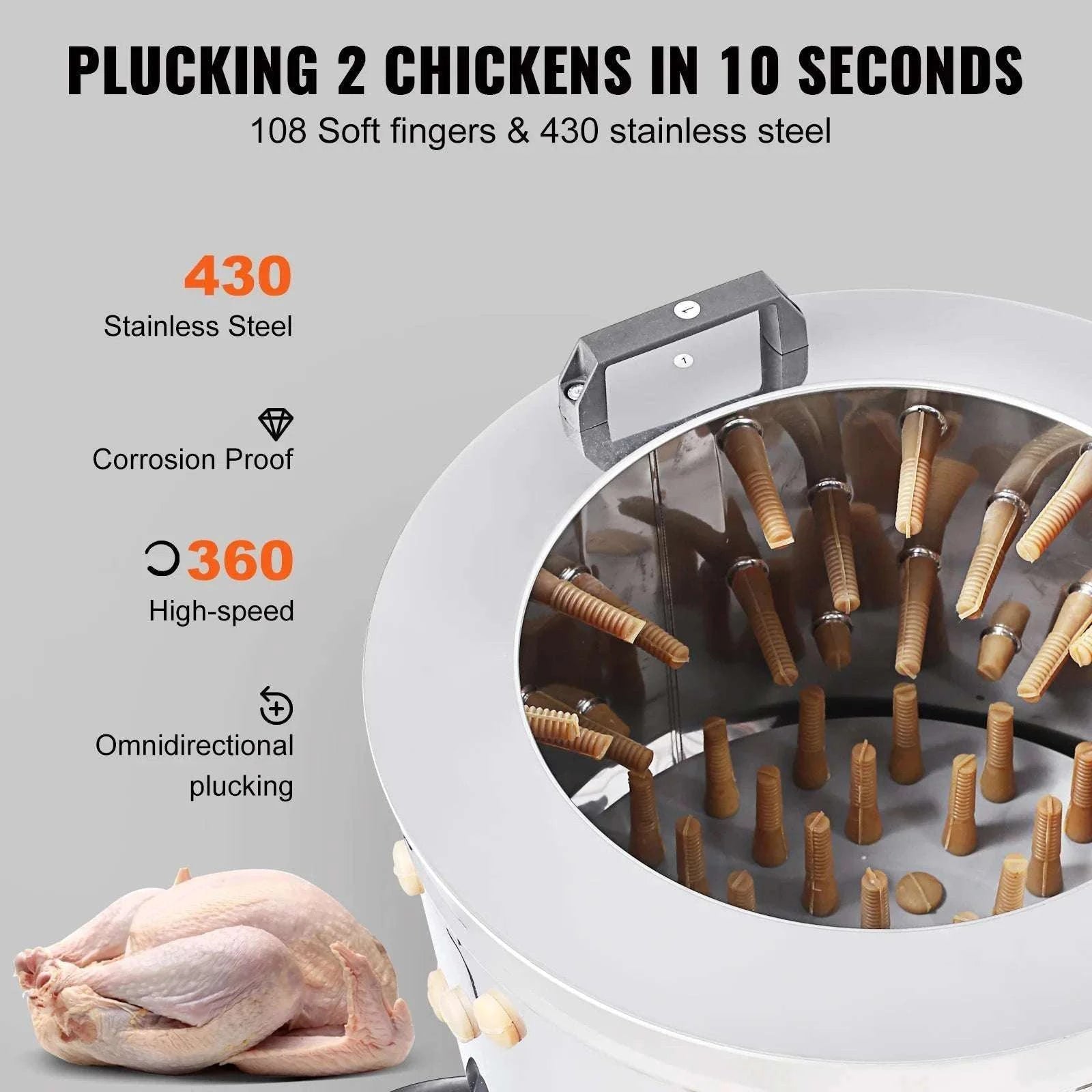 20" Chicken Plucker Machine with 108 Fingers & Stainless Steel Drum-WHITE / United States