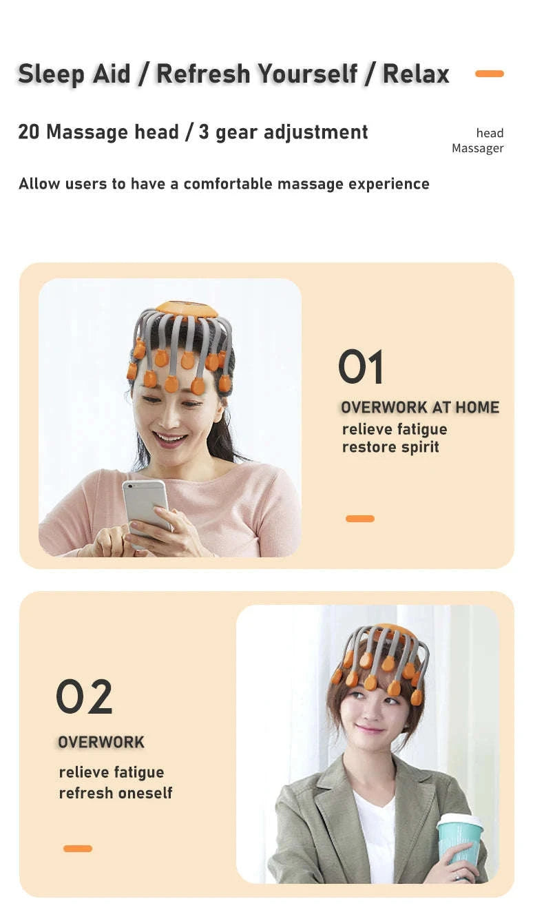 20-Head Orange Scalp Massager with Red Light Therapy-black