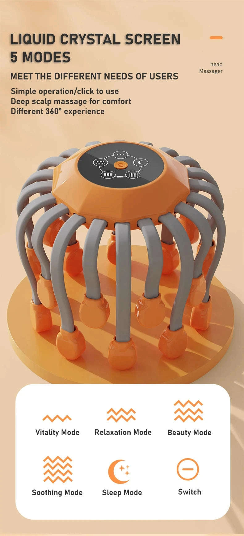 20-Head Orange Scalp Massager with Red Light Therapy-black