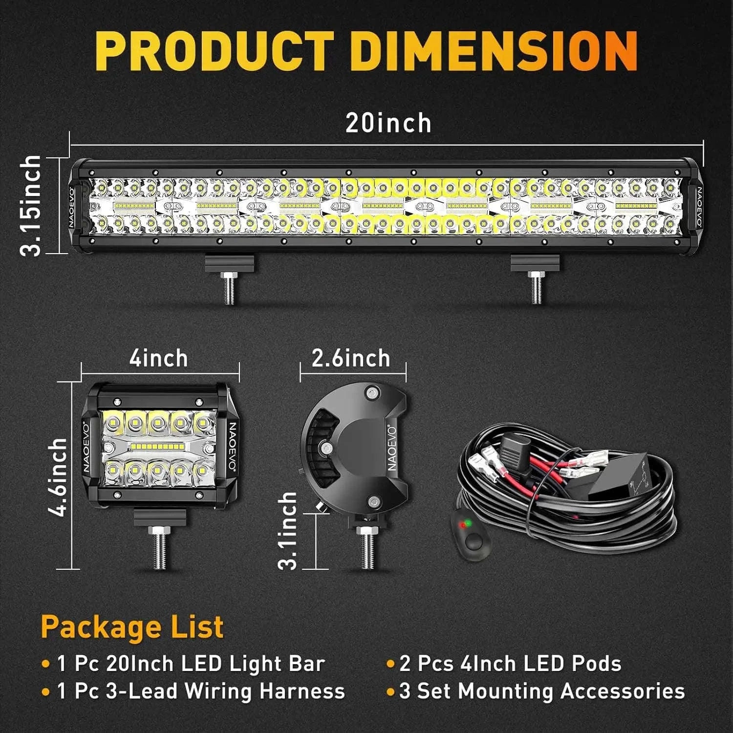 20 Inch LED Light Bar and 2 x 4 Inch LED Light Pods, 100W, 24000LM, 6500K, Waterproof Combo Beam-Default Title