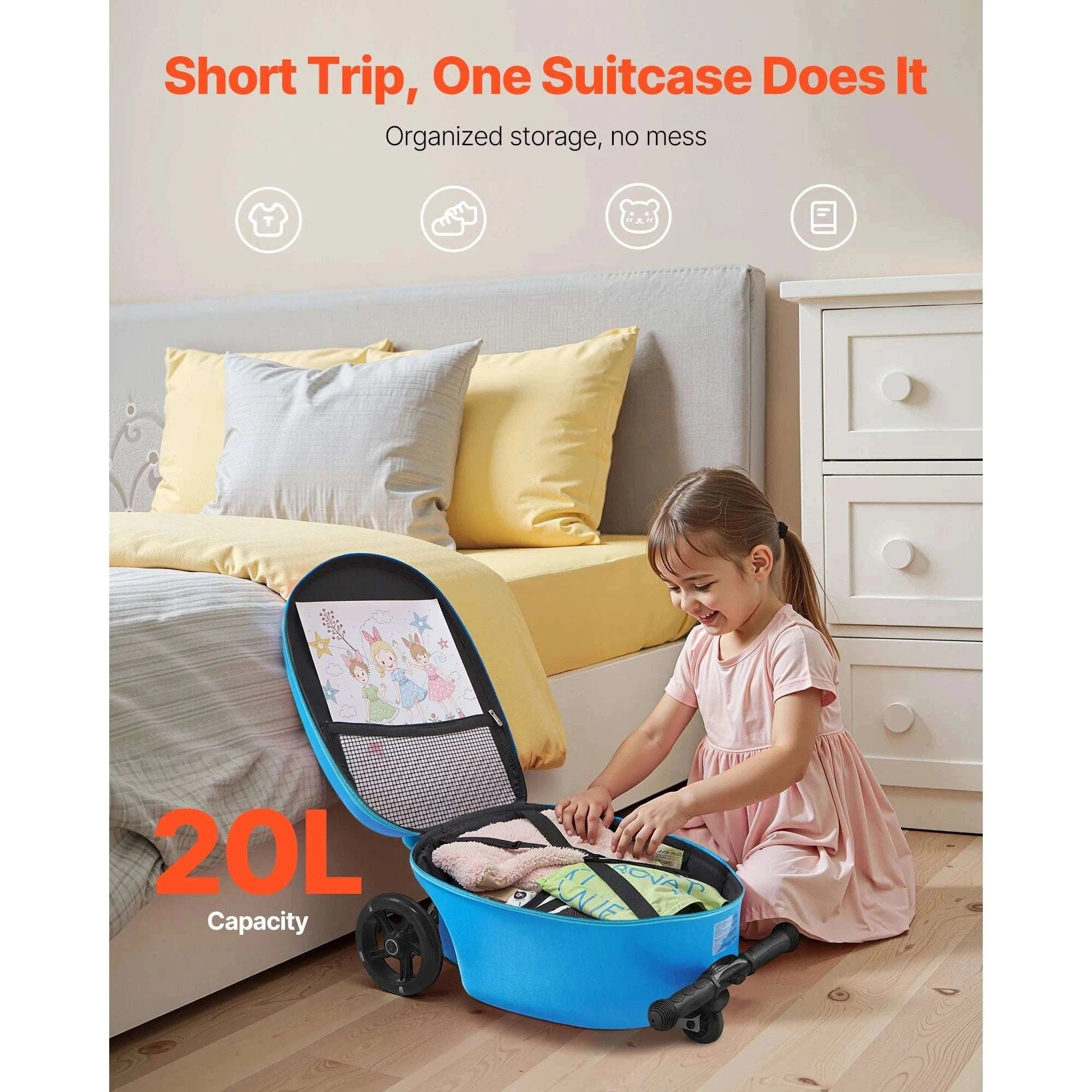 20" Kids Ride-On Scooter Suitcase with 20L Storage & Flash Wheels-Pink / CZECH REPUBLIC