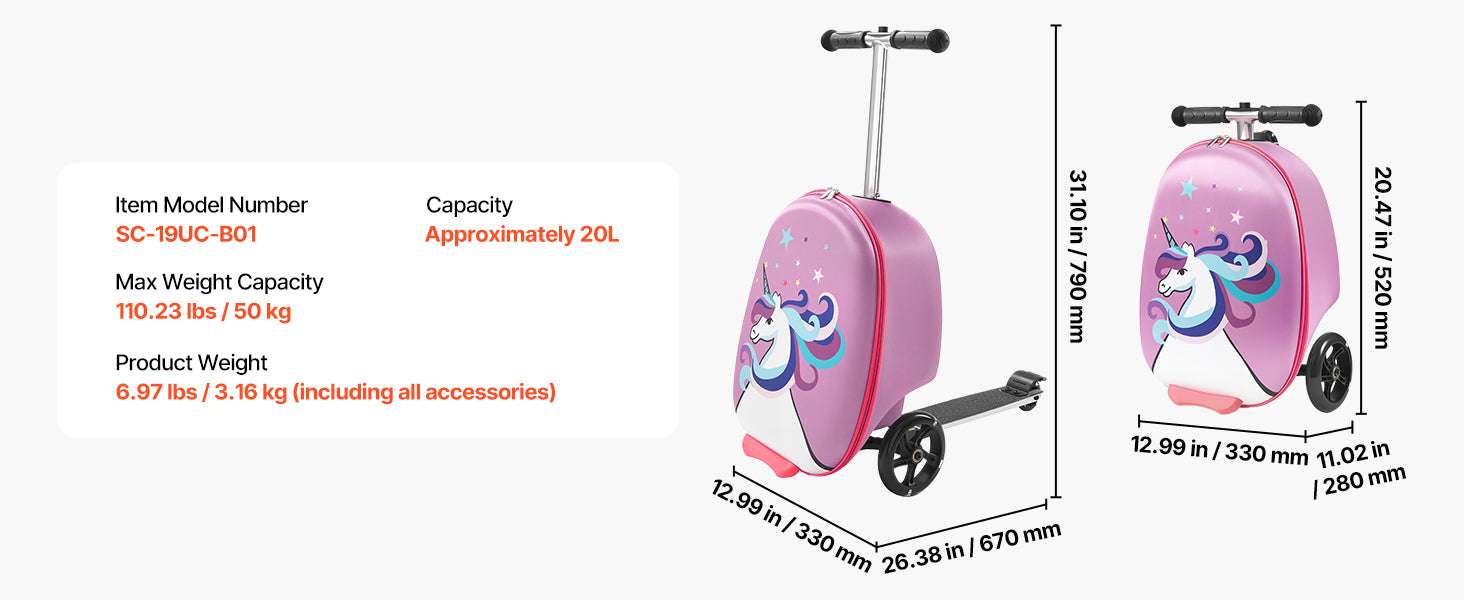 20" Kids Ride-On Scooter Suitcase with 20L Storage & Flash Wheels-Pink / CZECH REPUBLIC