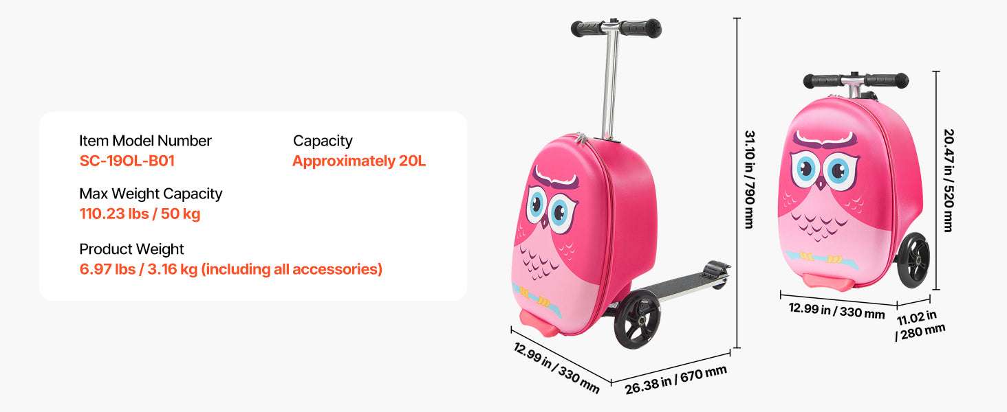 20" Kids Ride-On Scooter Suitcase with 20L Storage & Flash Wheels-Pink / CZECH REPUBLIC