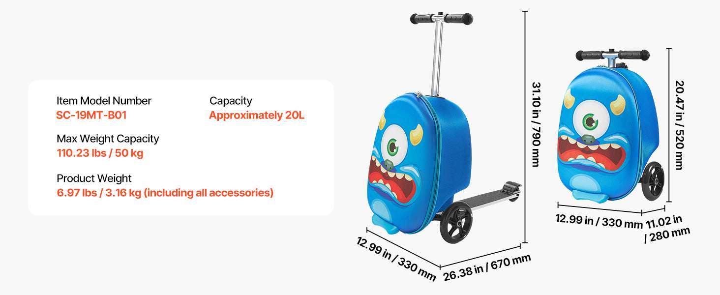20" Kids Ride-On Scooter Suitcase with 20L Storage & Flash Wheels-Pink / CZECH REPUBLIC
