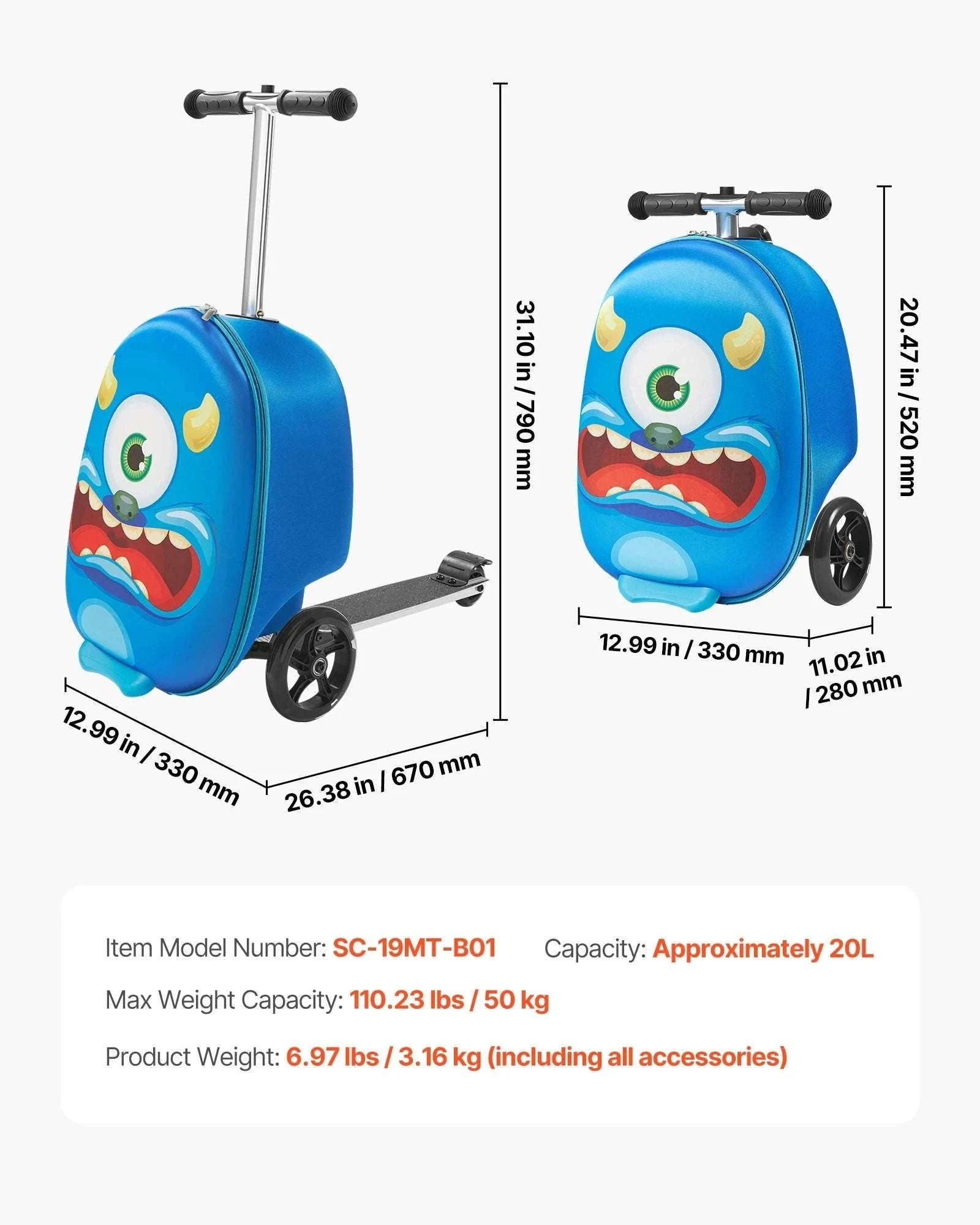 20" Kids Ride-On Scooter Suitcase with 20L Storage & Flash Wheels-Pink / CZECH REPUBLIC