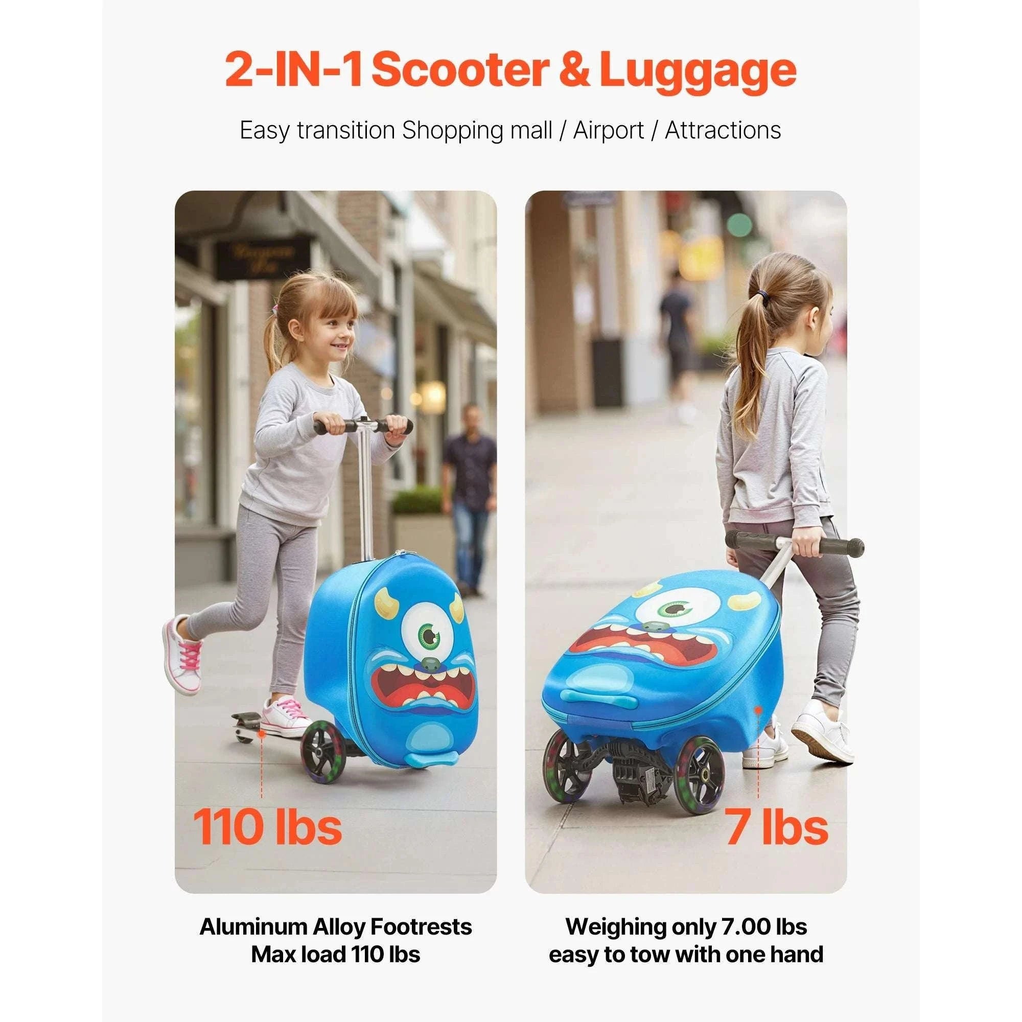 20" Kids Ride-On Scooter Suitcase with 20L Storage & Flash Wheels-Pink / CZECH REPUBLIC