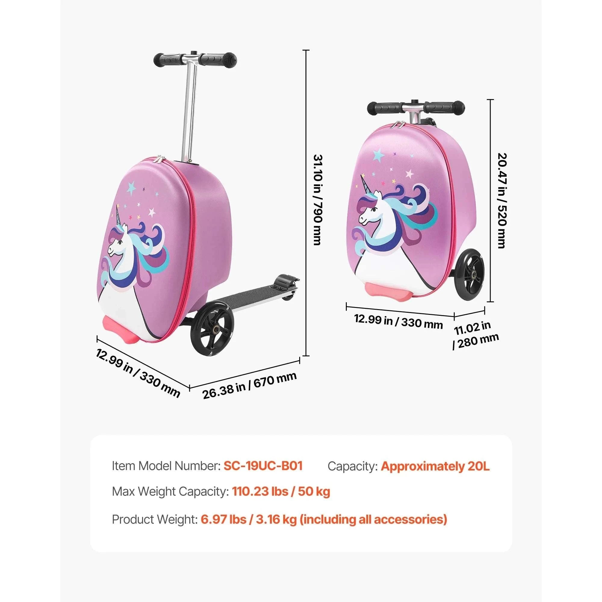 20" Kids Ride-On Scooter Suitcase with 20L Storage & Flash Wheels-Pink / CZECH REPUBLIC