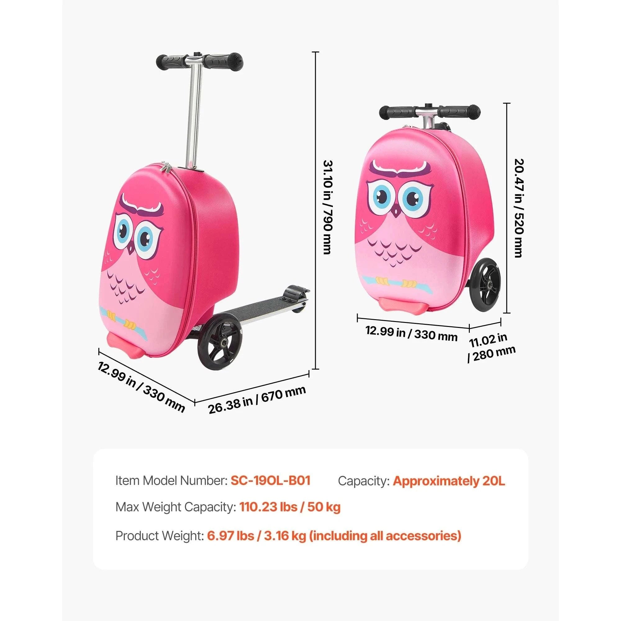 20" Kids Ride-On Scooter Suitcase with 20L Storage & Flash Wheels-Pink / CZECH REPUBLIC