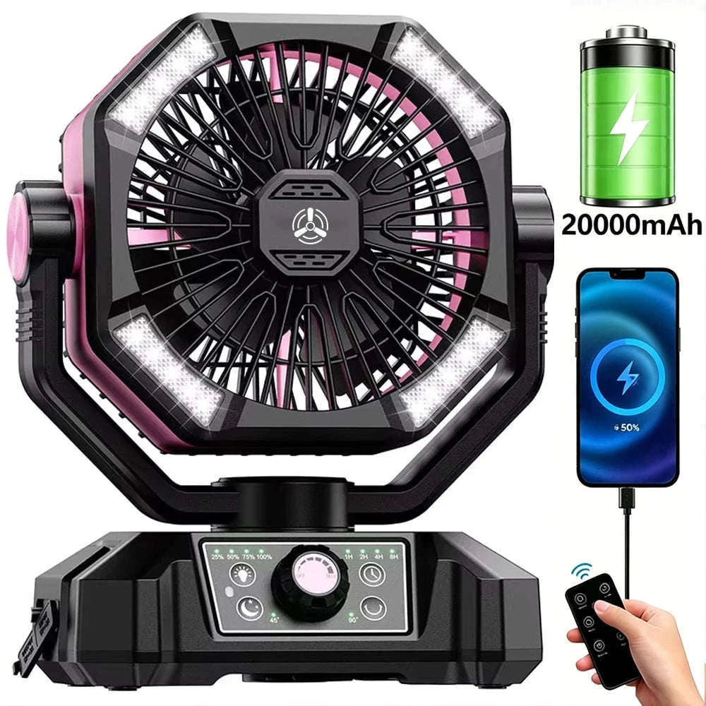 20000mAh Camping Fan with LED Lantern, Remote, 8 Speeds-Orange / Germany
