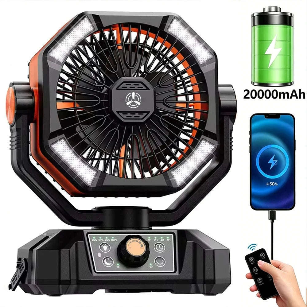 20000mAh Camping Fan with LED Lantern, Remote, 8 Speeds-Orange / Germany