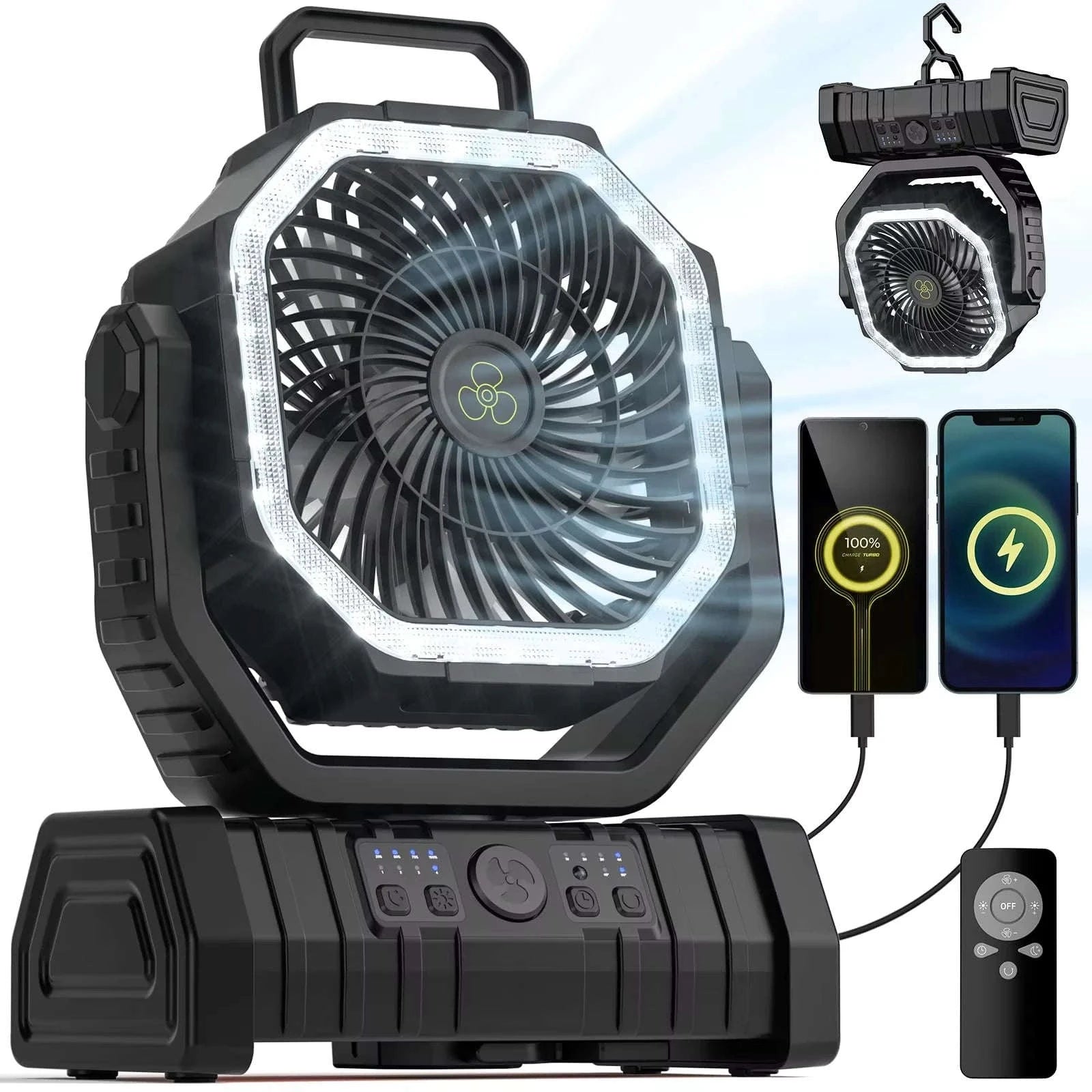 20000mAh Camping Fan with LED Light and Hanging Hook-Orange / United States