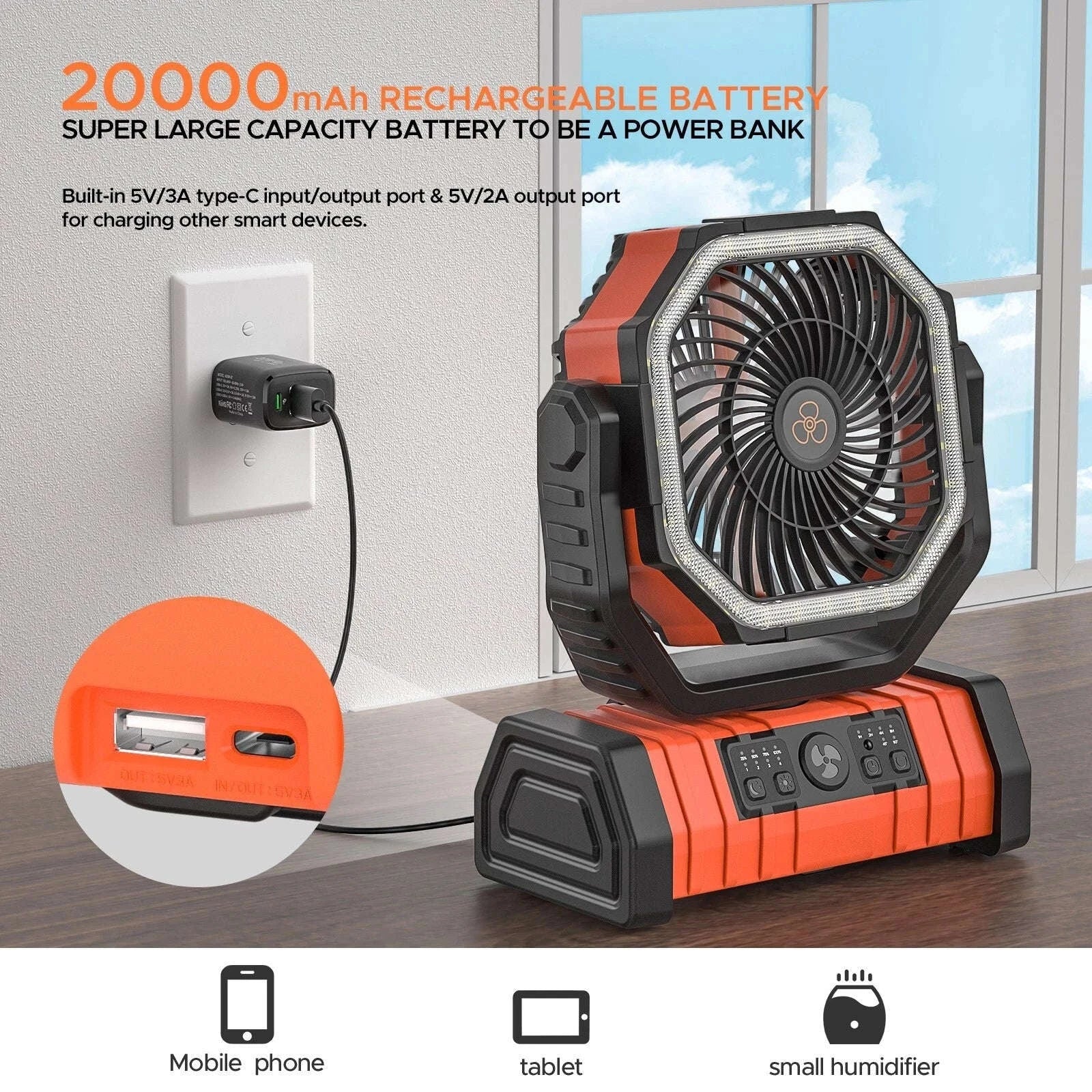 20000mAh Camping Fan with LED Light and Hanging Hook-Orange / United States
