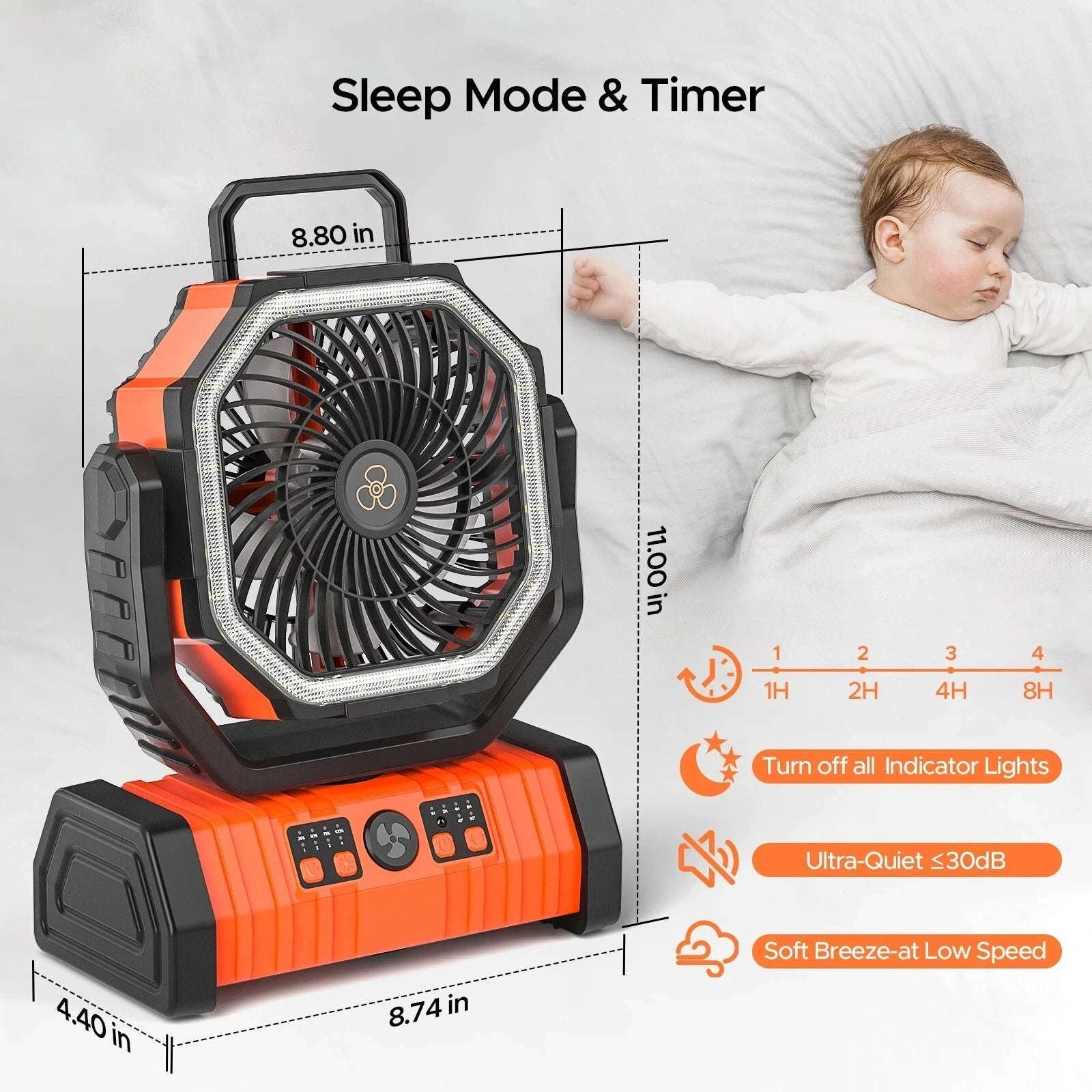 20000mAh Camping Fan with LED Light and Hanging Hook-Orange / United States