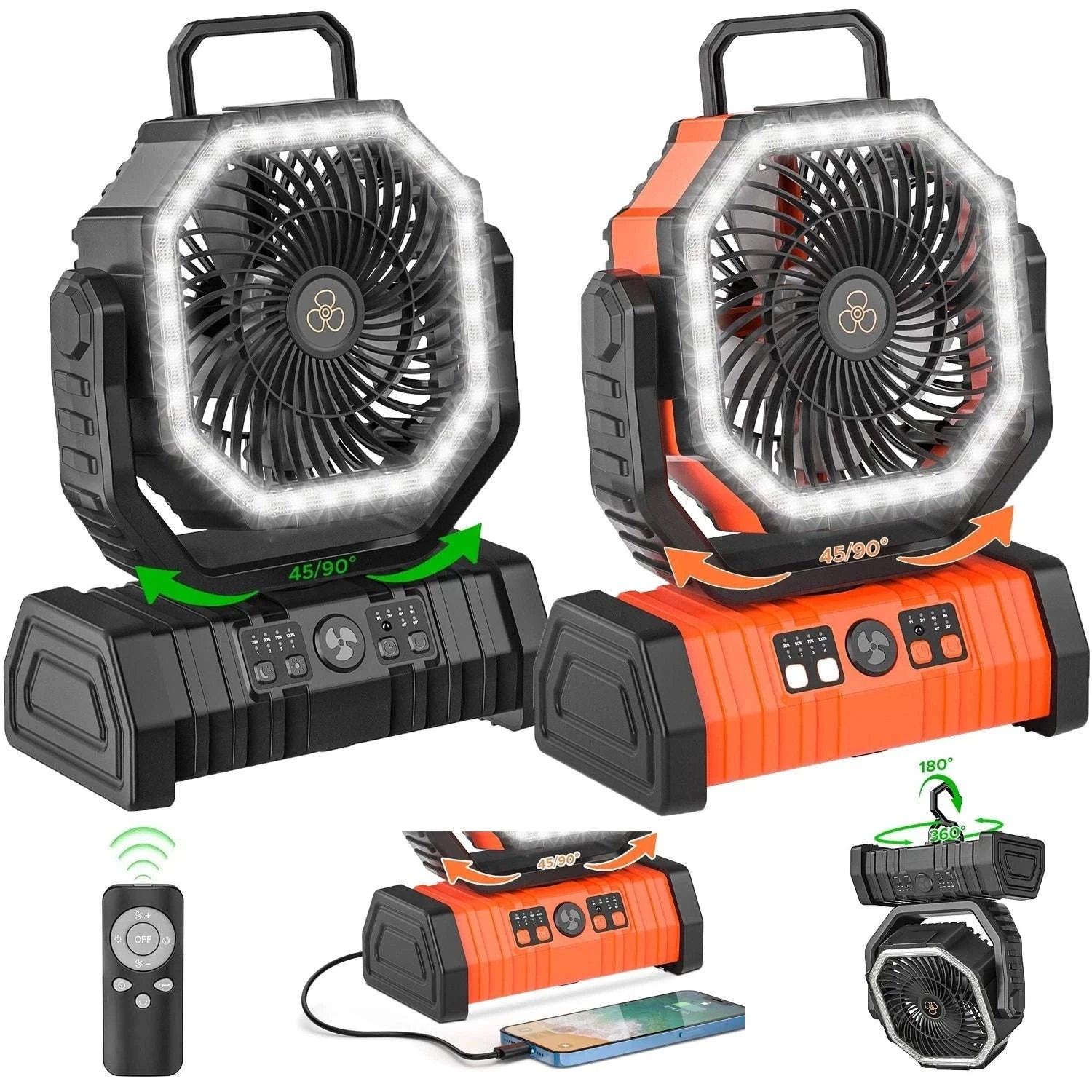 20000mAh Camping Fan with LED Light and Hanging Hook-Orange / United States