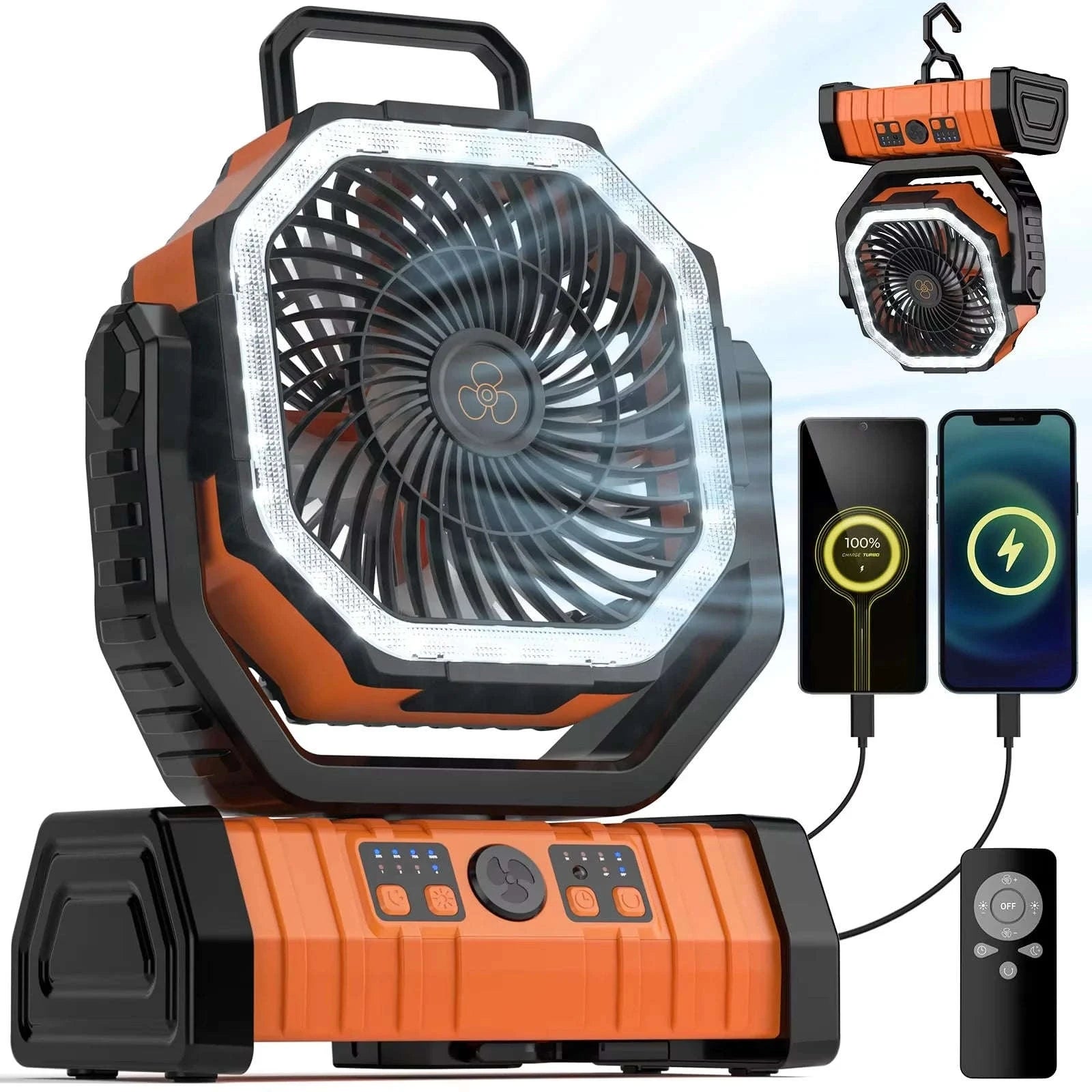 20000mAh Camping Fan with LED Light and Hanging Hook-Orange / United States