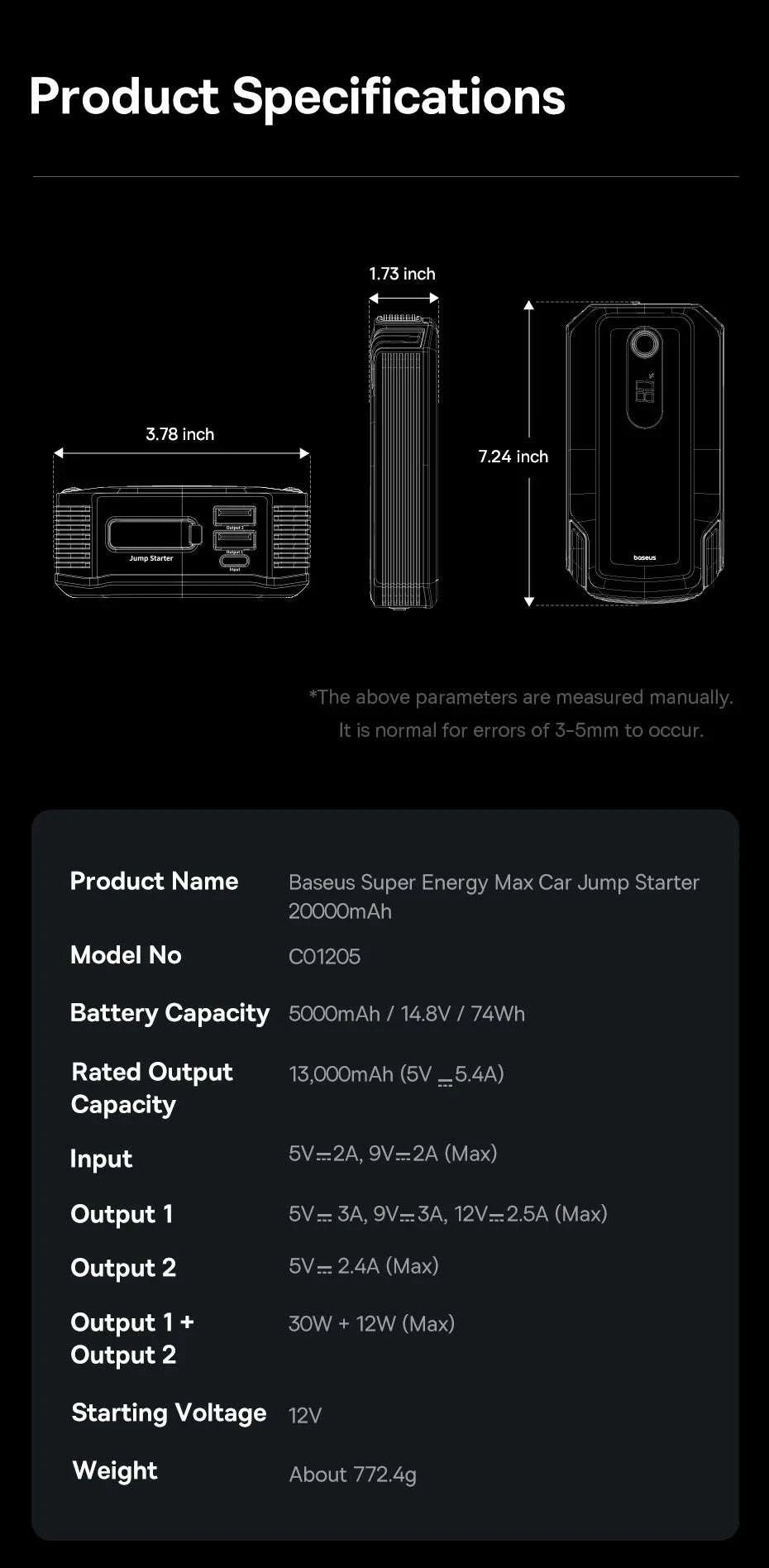 20000mAh Car Jump Starter 8000A Portable 12V Battery Booster-20000mAh