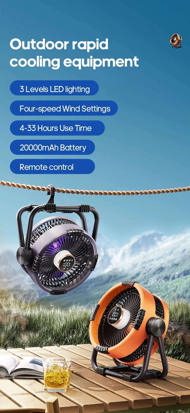 20000mAh Outdoor Camping Fan with LED Light and Remote Control-Khaki 10000mAh Bag