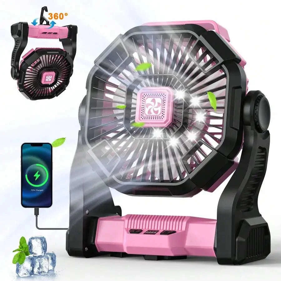 20000mAh Portable Battery Powered Fan with LED Lantern, 4-Speed Adjustable Camping Fan for Tent and Power Outages-United States / Pink / 100V-240V US Plug
